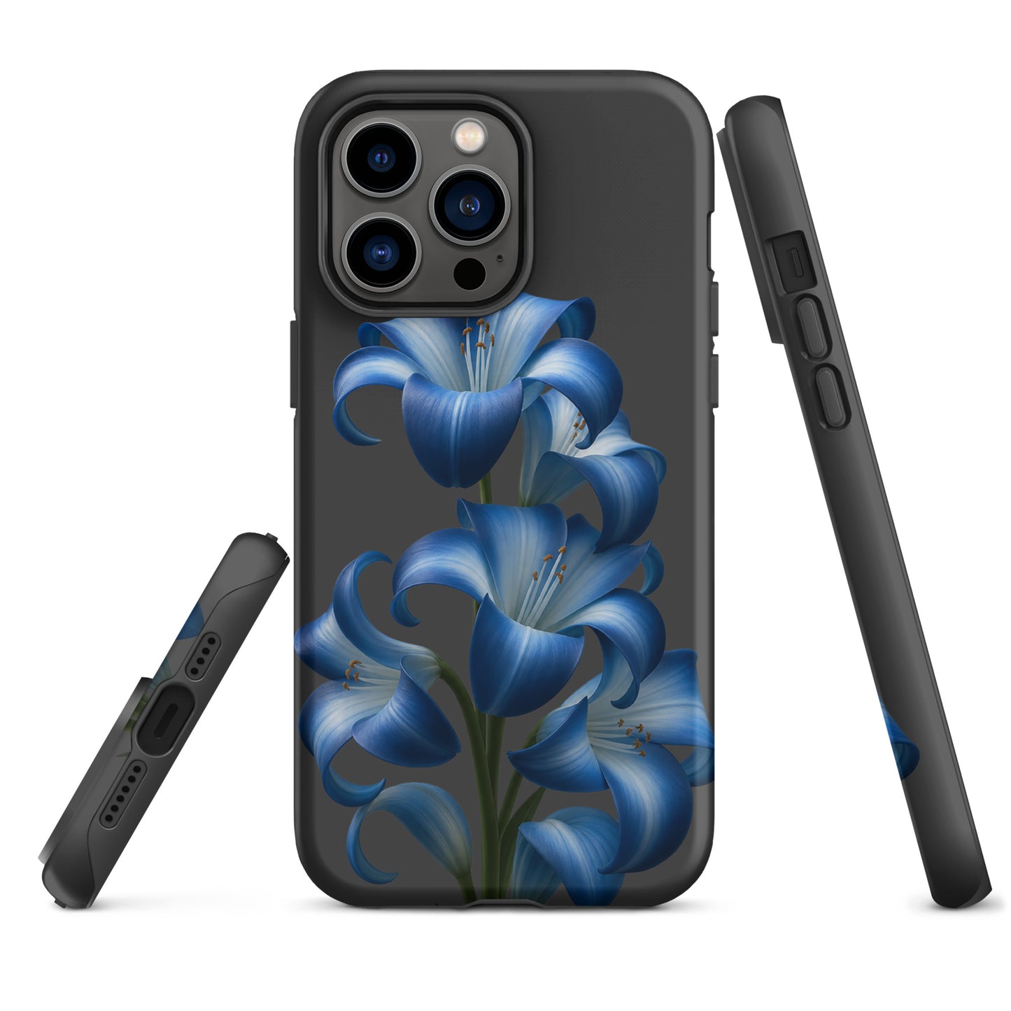 Phone Case for iPhone with blue lily bloom art, protective dual-layer design, sleek dark backdrop, stylish and vibrant floral finish.