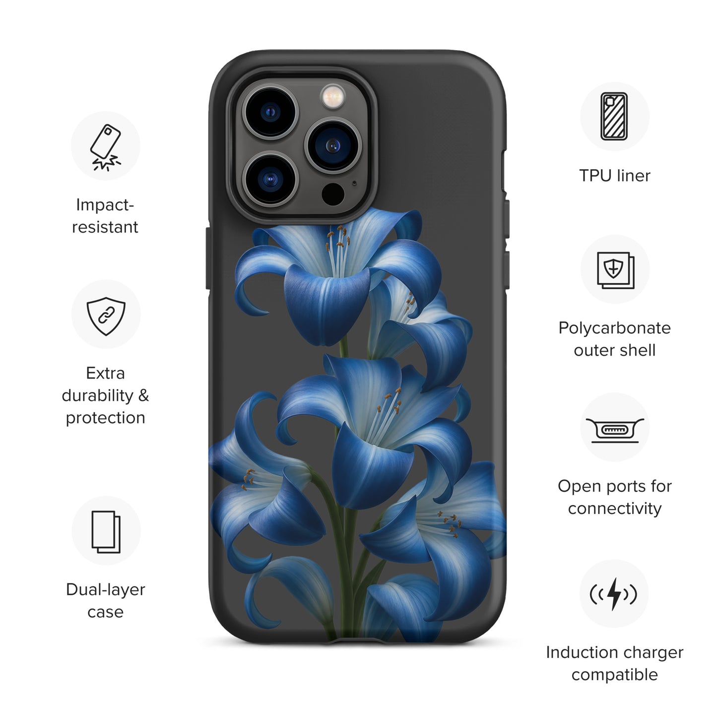 Phone Case for iPhone with Blue Lily Bloom Art, impact-resistant, dual-layer, sleek protection for device, stylish blue floral design.