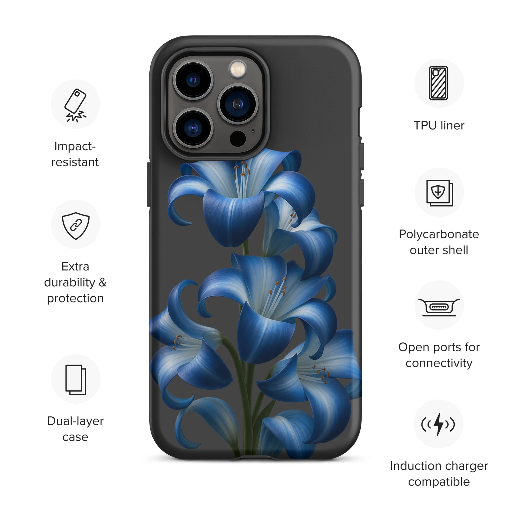 Phone Case for iPhone with Blue Lily Bloom Art, impact-resistant, dual-layer, sleek protection for device, stylish blue floral design.