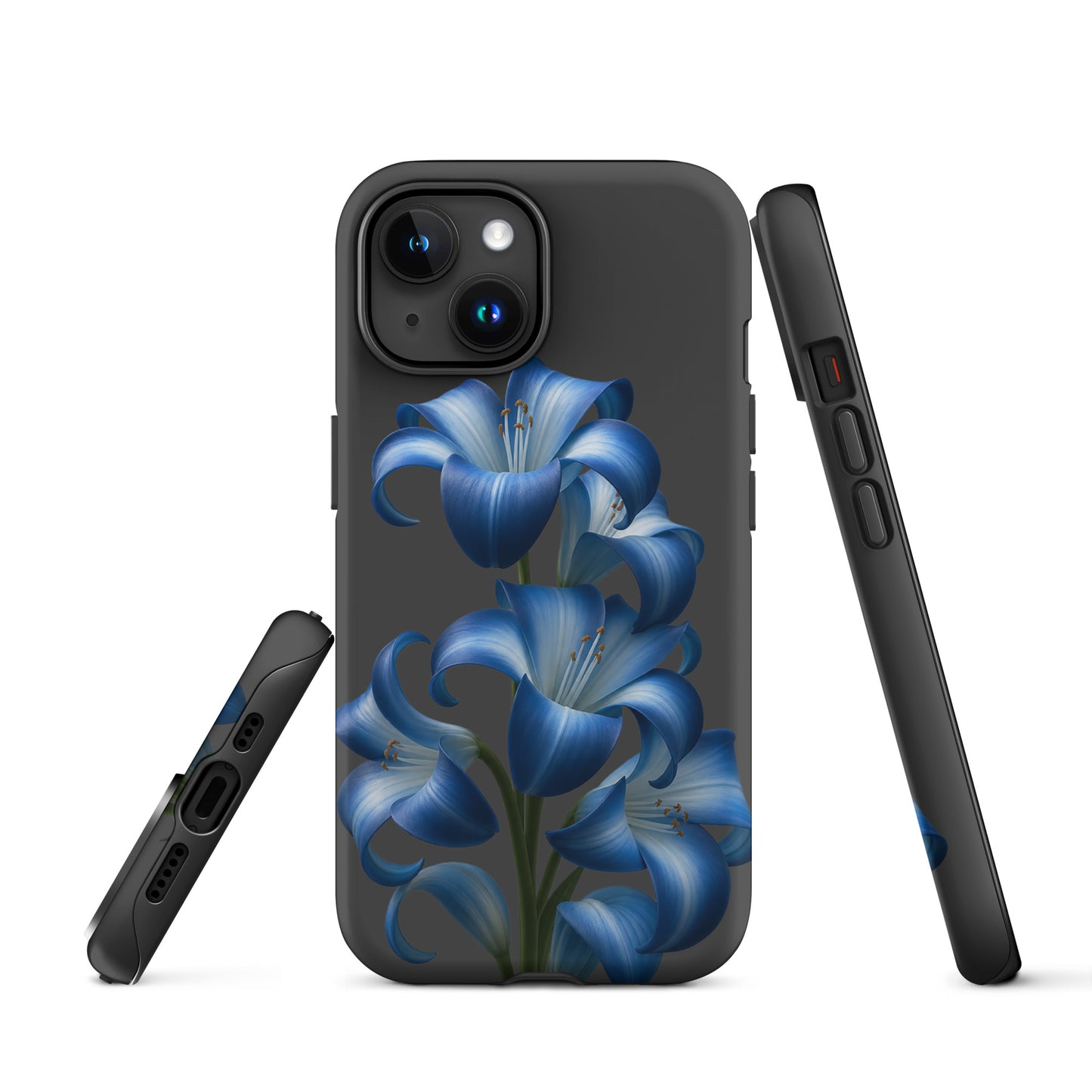 Phone Case for iPhone featuring blue lily bloom art on a dark background for a stylish and tough finish.