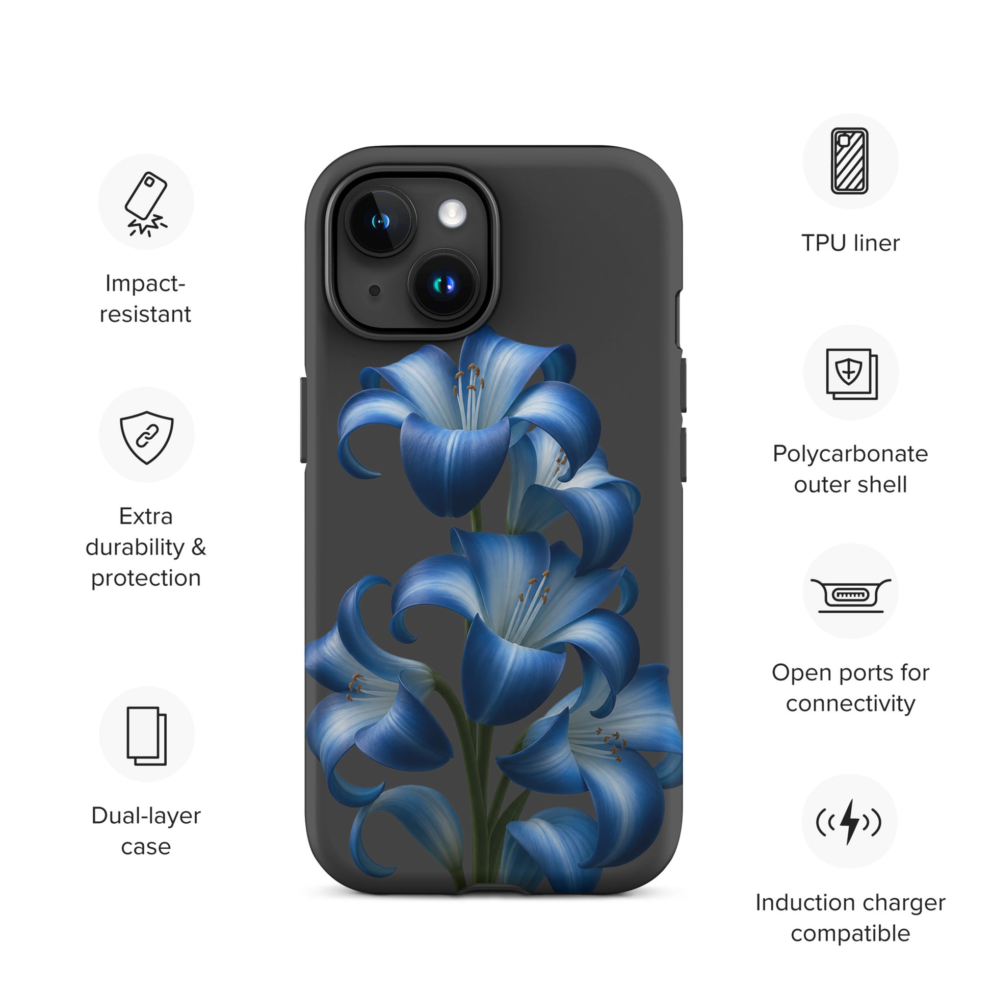 Phone Case for iPhone with blue lily bloom art showcasing dual-layer protection and stylish design on a dark backdrop.