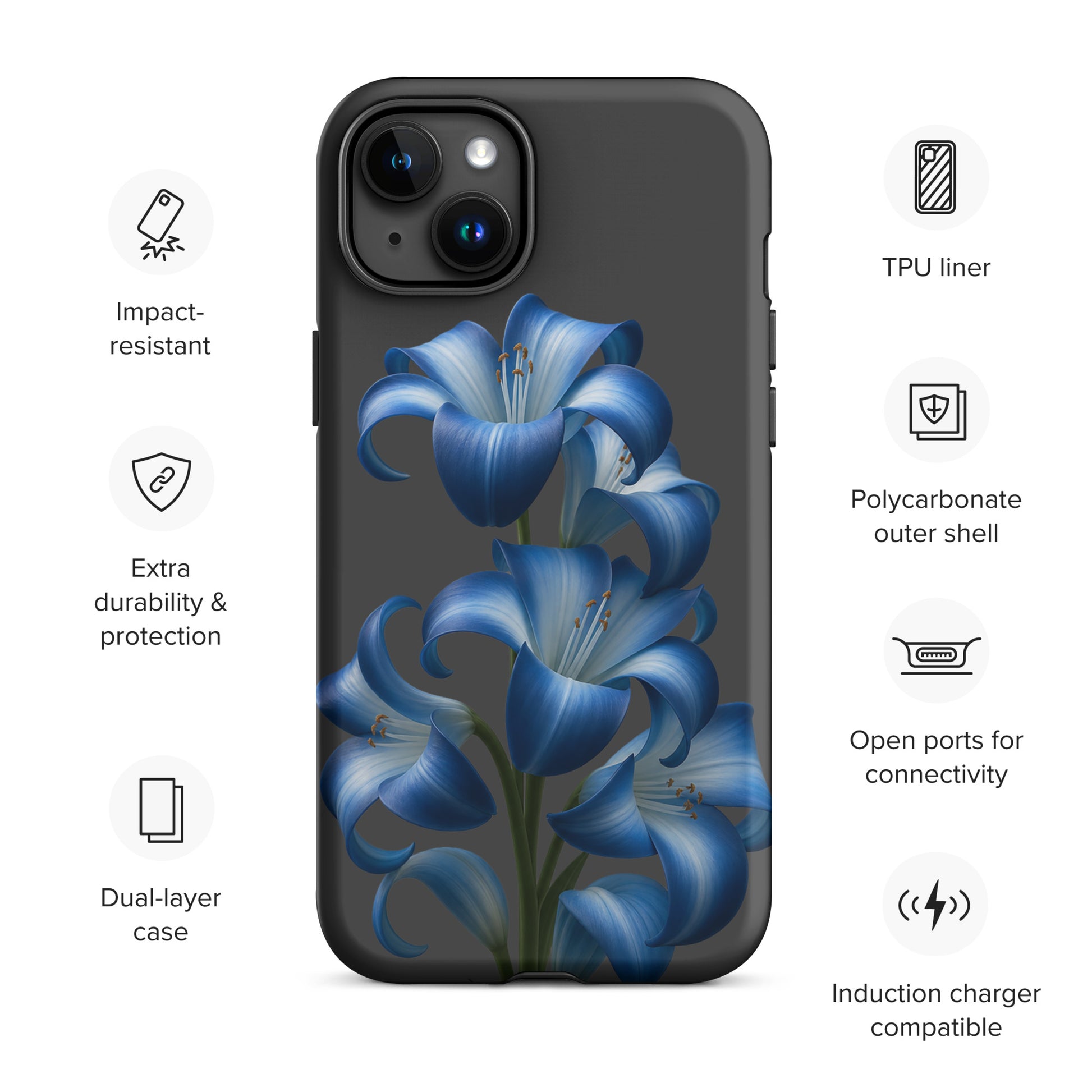 Phone Case for iPhone with blue lily bloom art, showcasing dual-layer protection and a sleek design for durability and style.