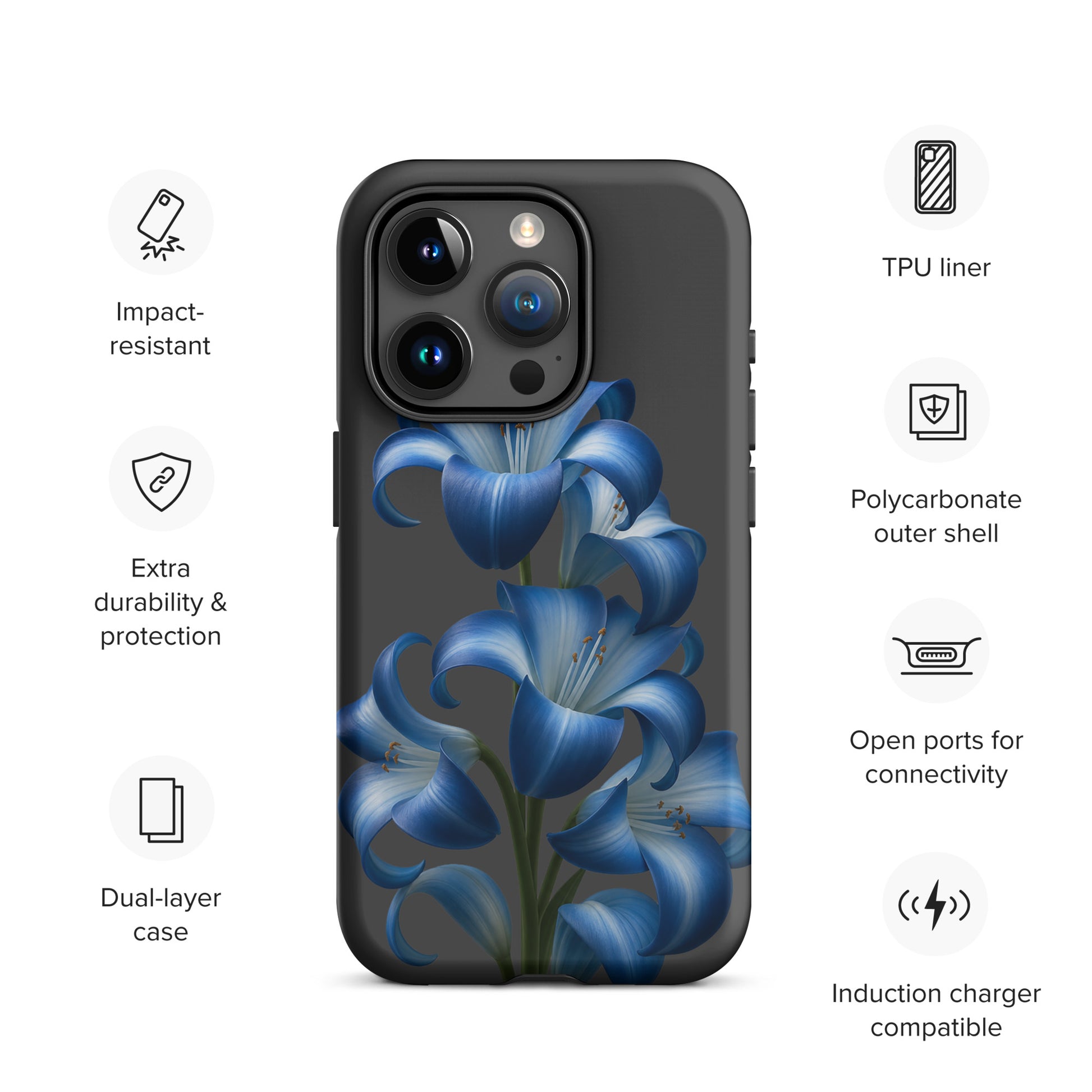 Phone Case with blue lily bloom art for iPhone, dual-layer protection, impact-resistant, induction charger compatible.