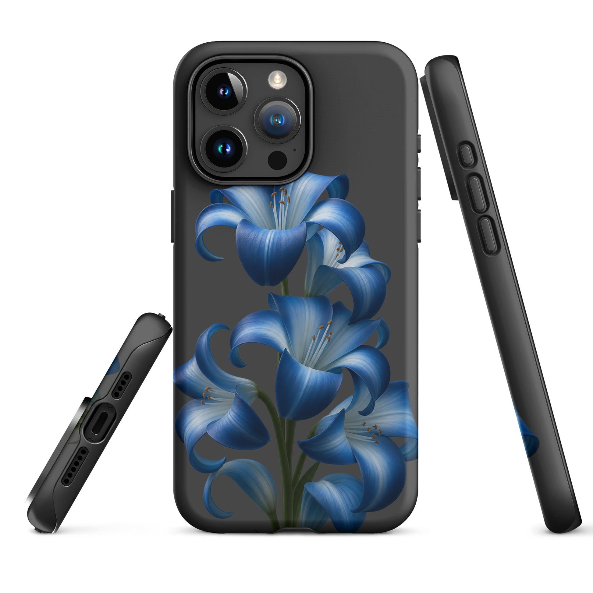 Phone Case for iPhone featuring blue lily bloom art on a dark backdrop with a tough finish
