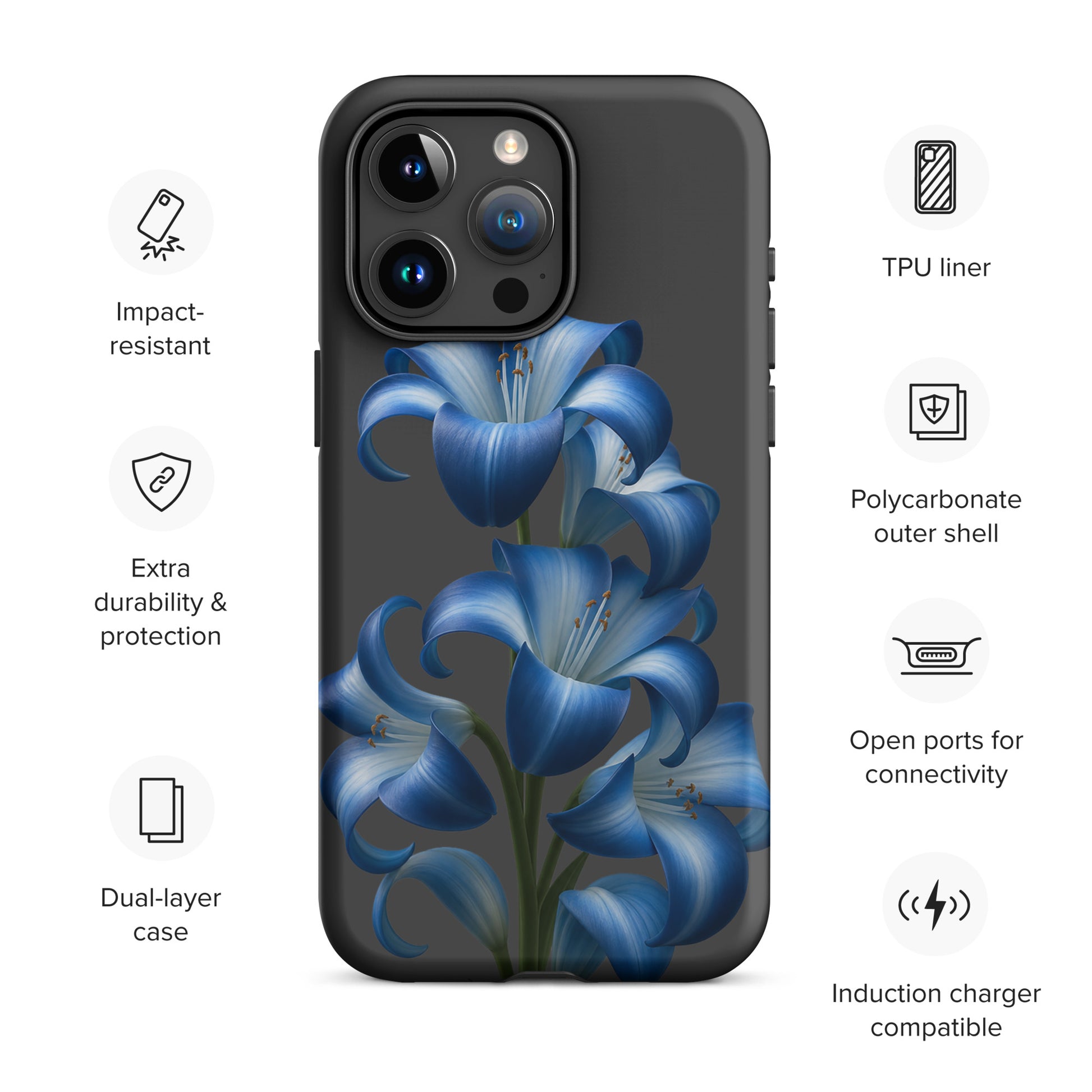 Phone Case for iPhone with Blue Lily Bloom Art, dual-layer protection with TPU liner, polycarbonate shell, and sleek blue floral design.