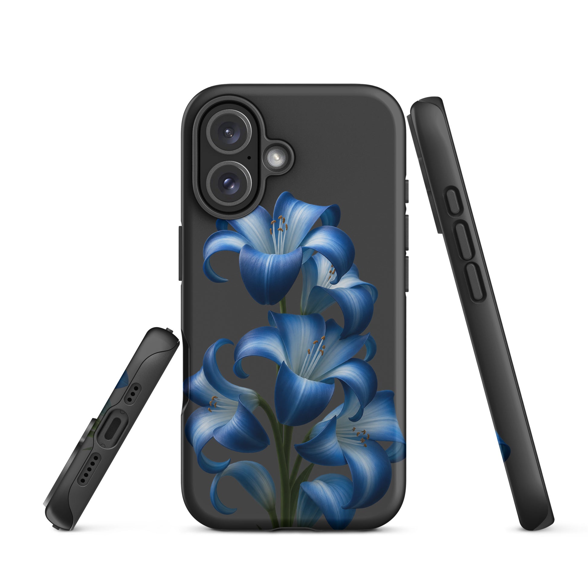 Phone Case with blue lily floral art on a dark background, designed for iPhone, offers stylish and tough protection.