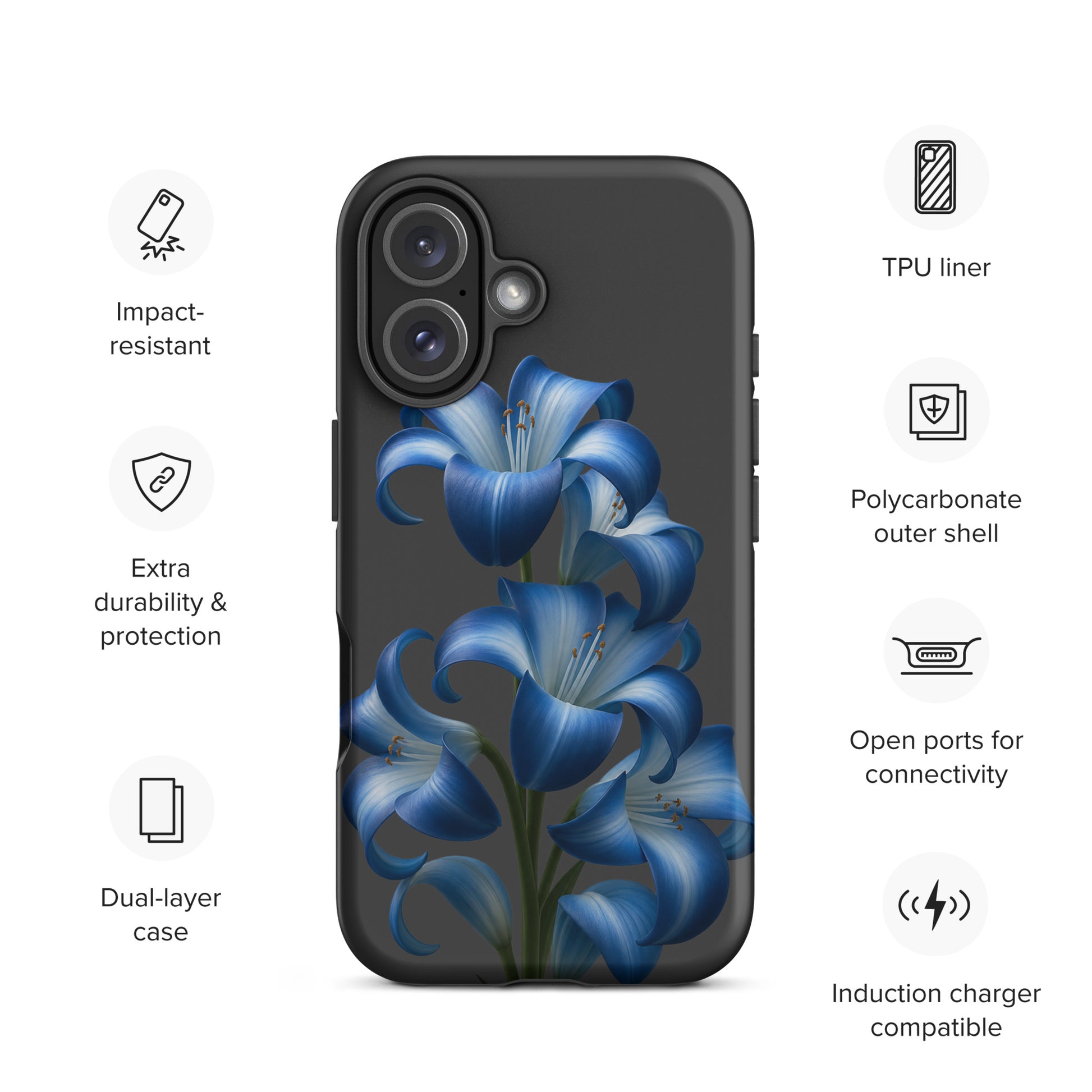 Phone Case with blue lily bloom art, dual-layer protection, impact-resistant for iPhone. Stylish and durable accessory.