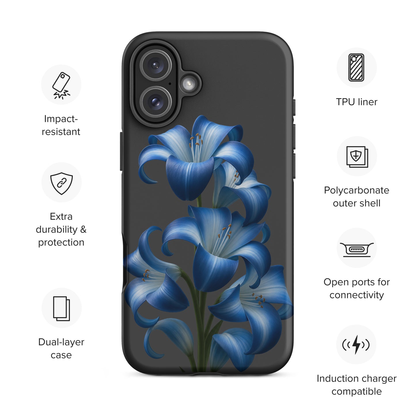 Phone Case for iPhone with Blue Lily Bloom Art on dark background, showcasing impact resistance and dual-layer protection