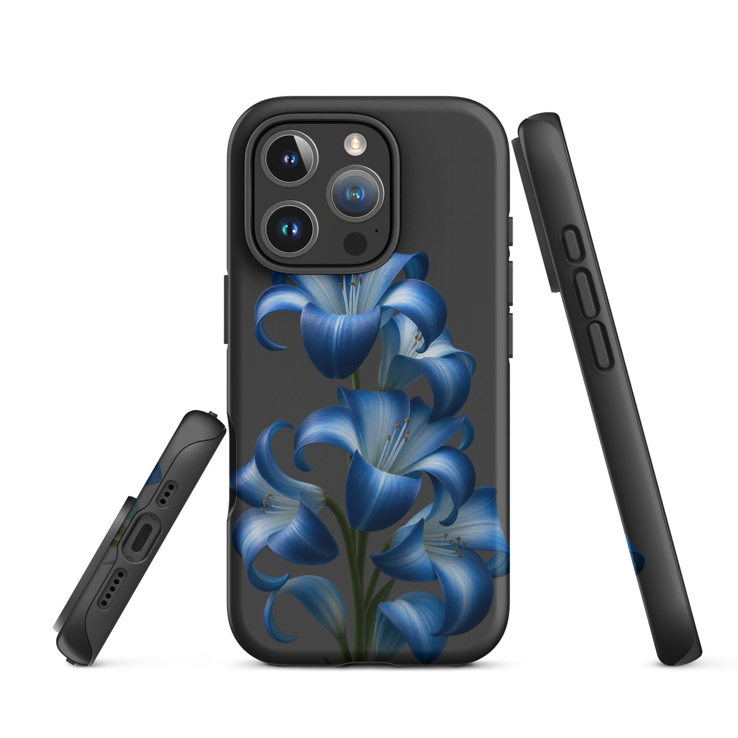 Phone Case for iPhone with blue lily bloom art on a dark backdrop, showcasing stylish protection and personality.