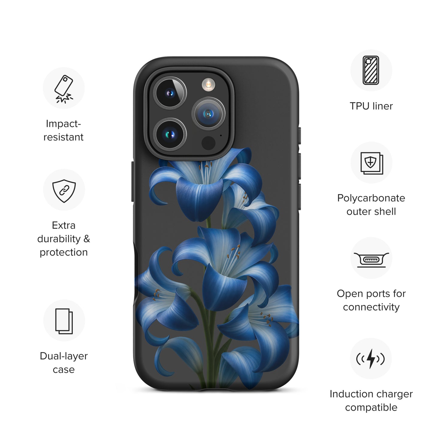 Phone Case for iPhone with blue lilies on dark background, featuring impact-resistant dual-layer protection and stylish design.