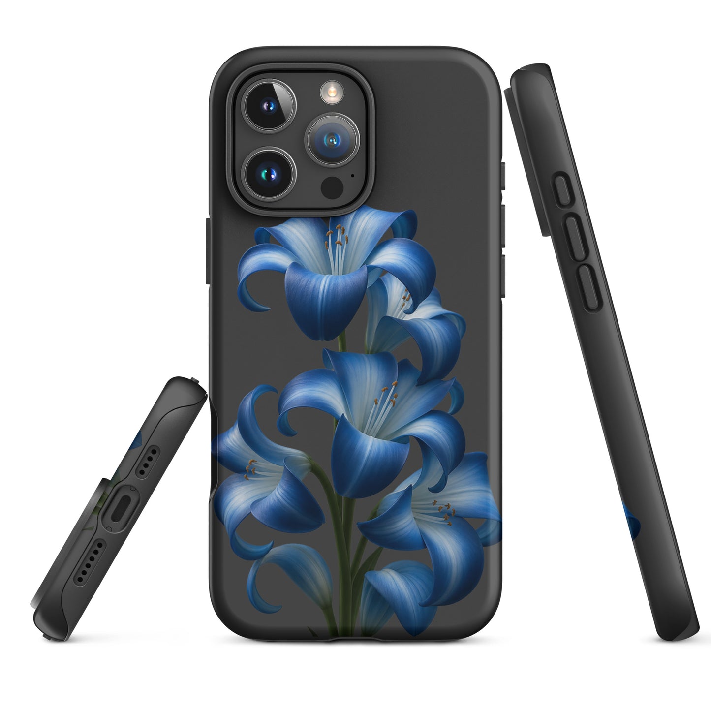 Phone Case for iPhone with Blue Lily Art on Black Background