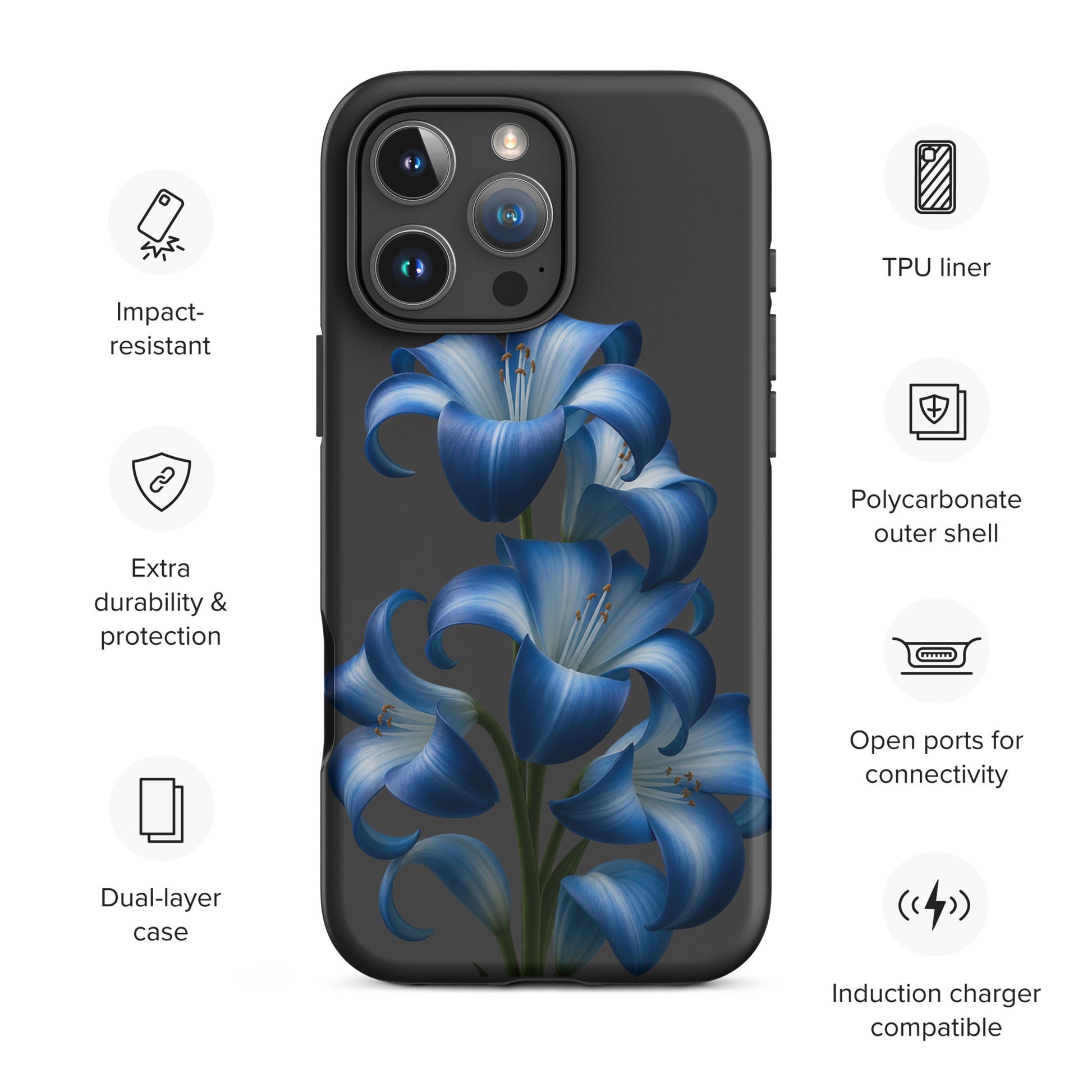 Phone Case for iPhone with blue lily bloom art, showcasing impact-resistant dual-layer design and protective features.