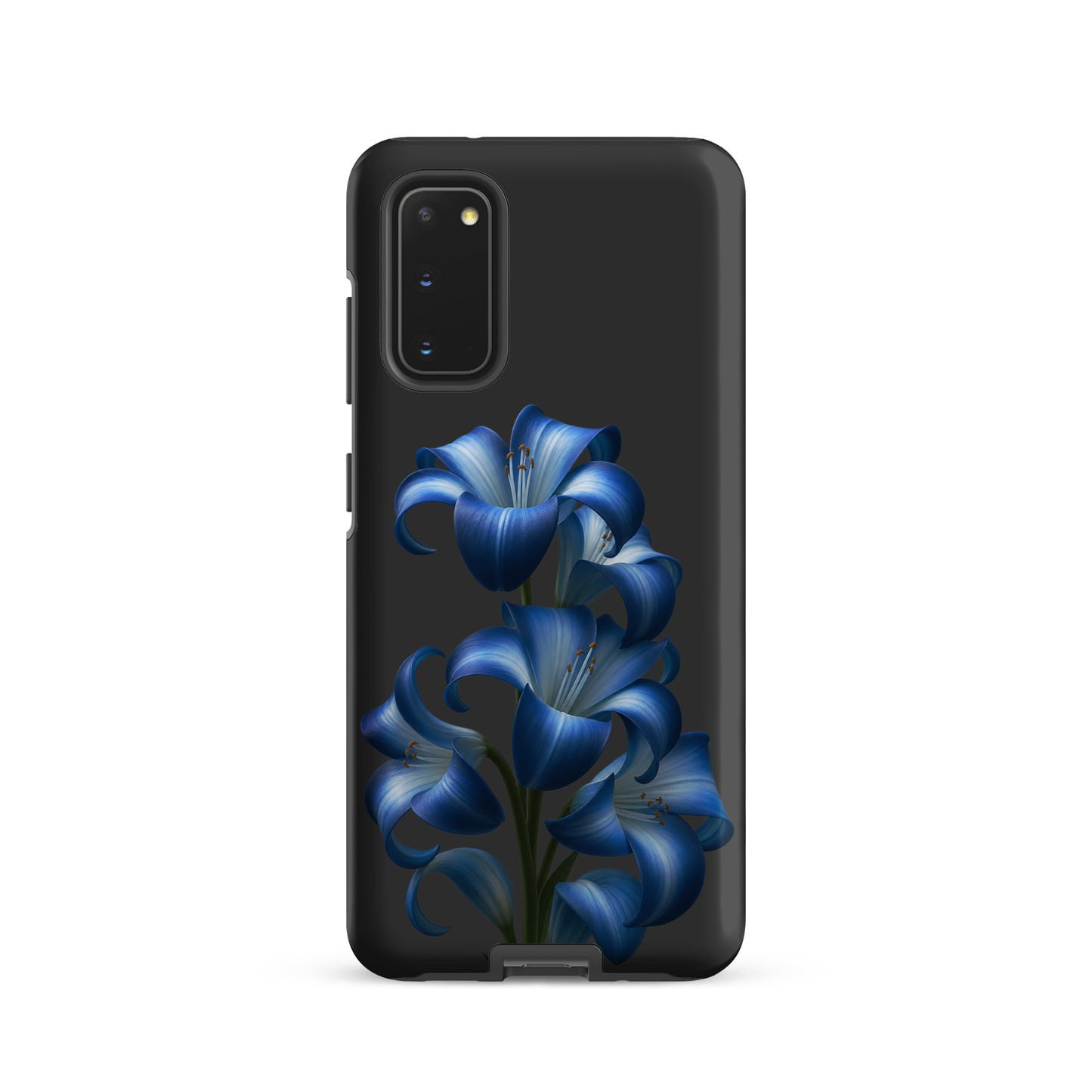 Phone Case for Samsung Galaxy with Blue Lily Bloom Art, featuring vibrant blue lilies on a sleek dark background.