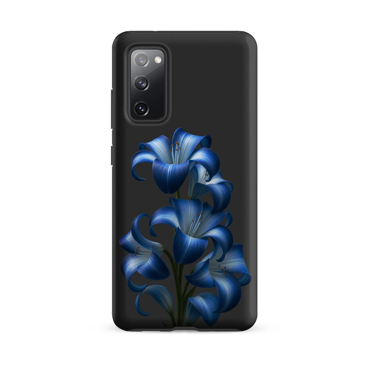 Phone Case for Samsung Galaxy with blue lily bloom design on dark background, premium dual-layer protection