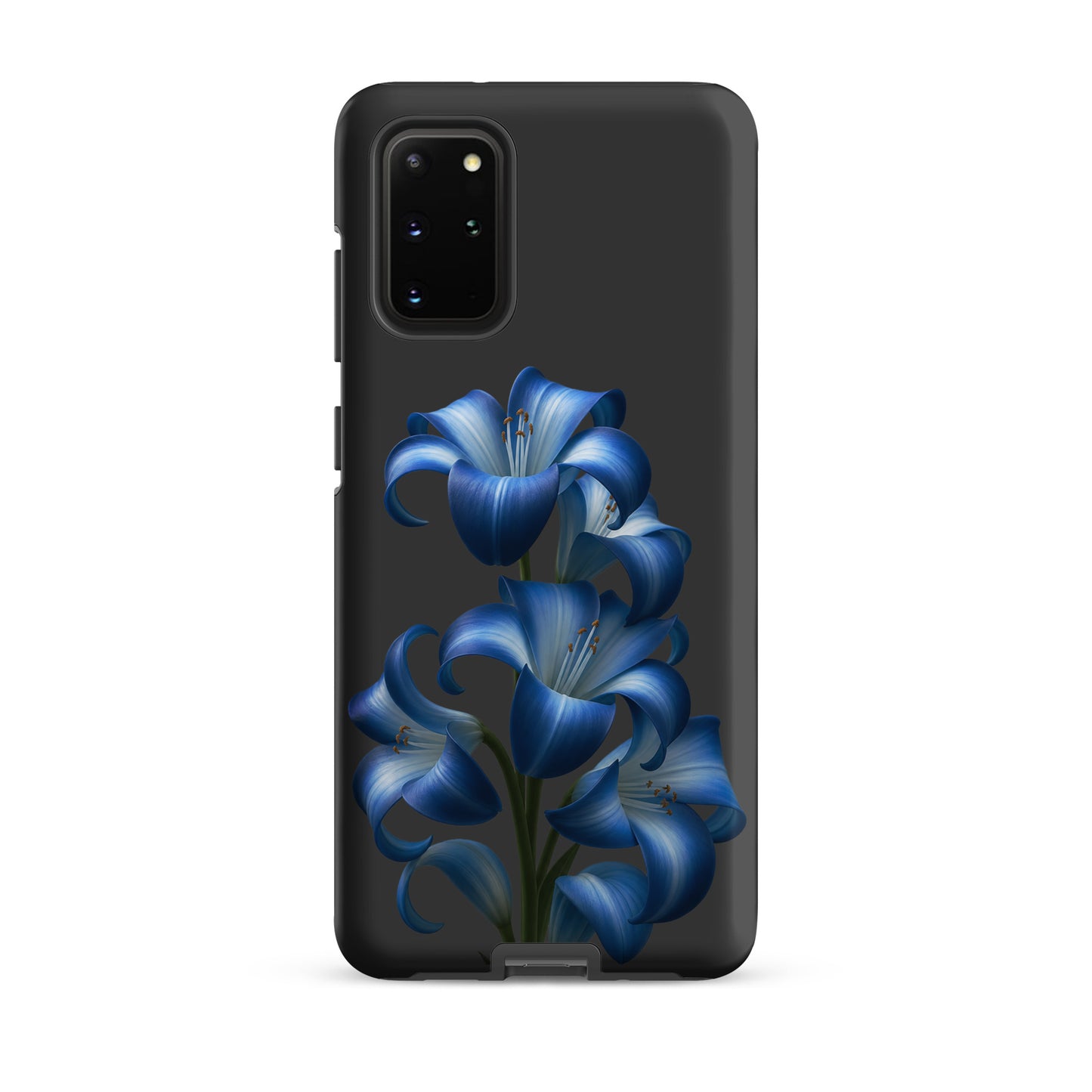 Phone Case for Samsung Galaxy with Blue Lily Bloom Art on dark background, showcasing vibrant floral design and sturdy dual-layer protection.