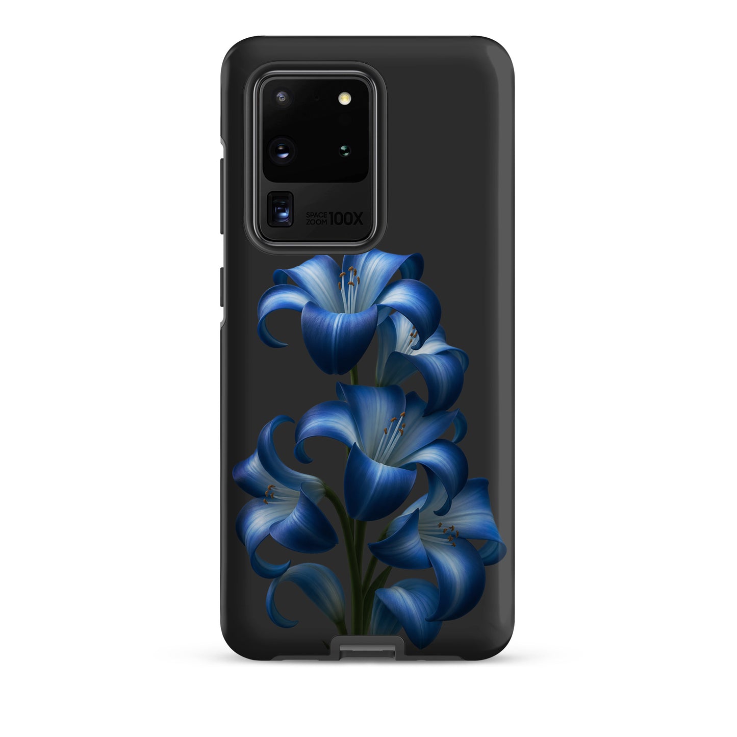 Phone Case for Samsung Galaxy with blue lily floral design on black background, showcasing stylish protective cover with vibrant artwork.