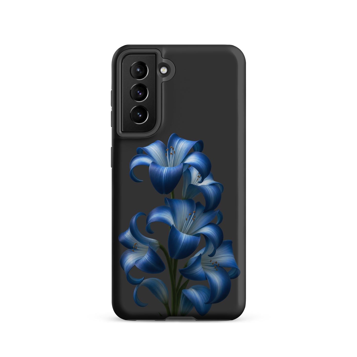 Phone Case for Samsung Galaxy featuring blue lily bloom on a dark backdrop, offering stylish floral protection.