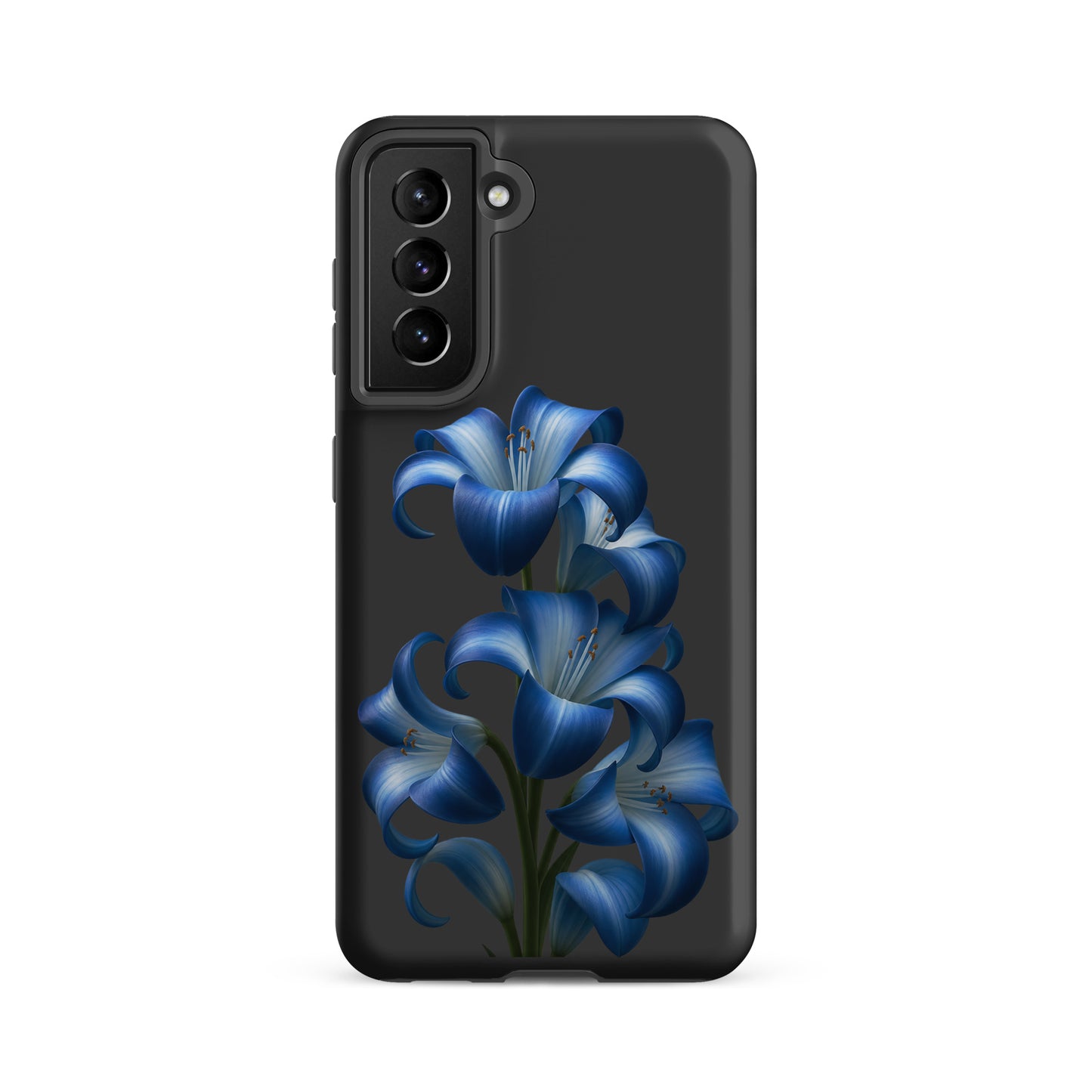 Phone Case for Samsung Galaxy featuring blue lily bloom art on a dark background, combining style and protection.