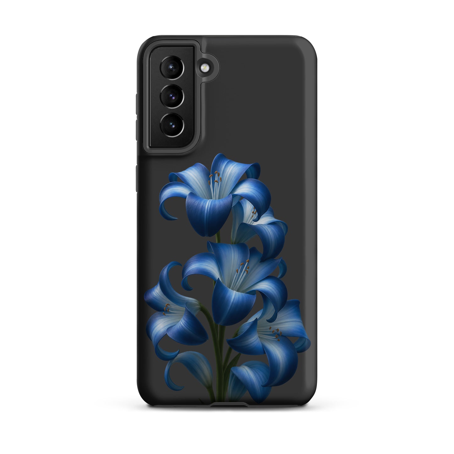 Phone Case for Samsung Galaxy with Blue Lily Bloom Art on sleek dark backdrop.