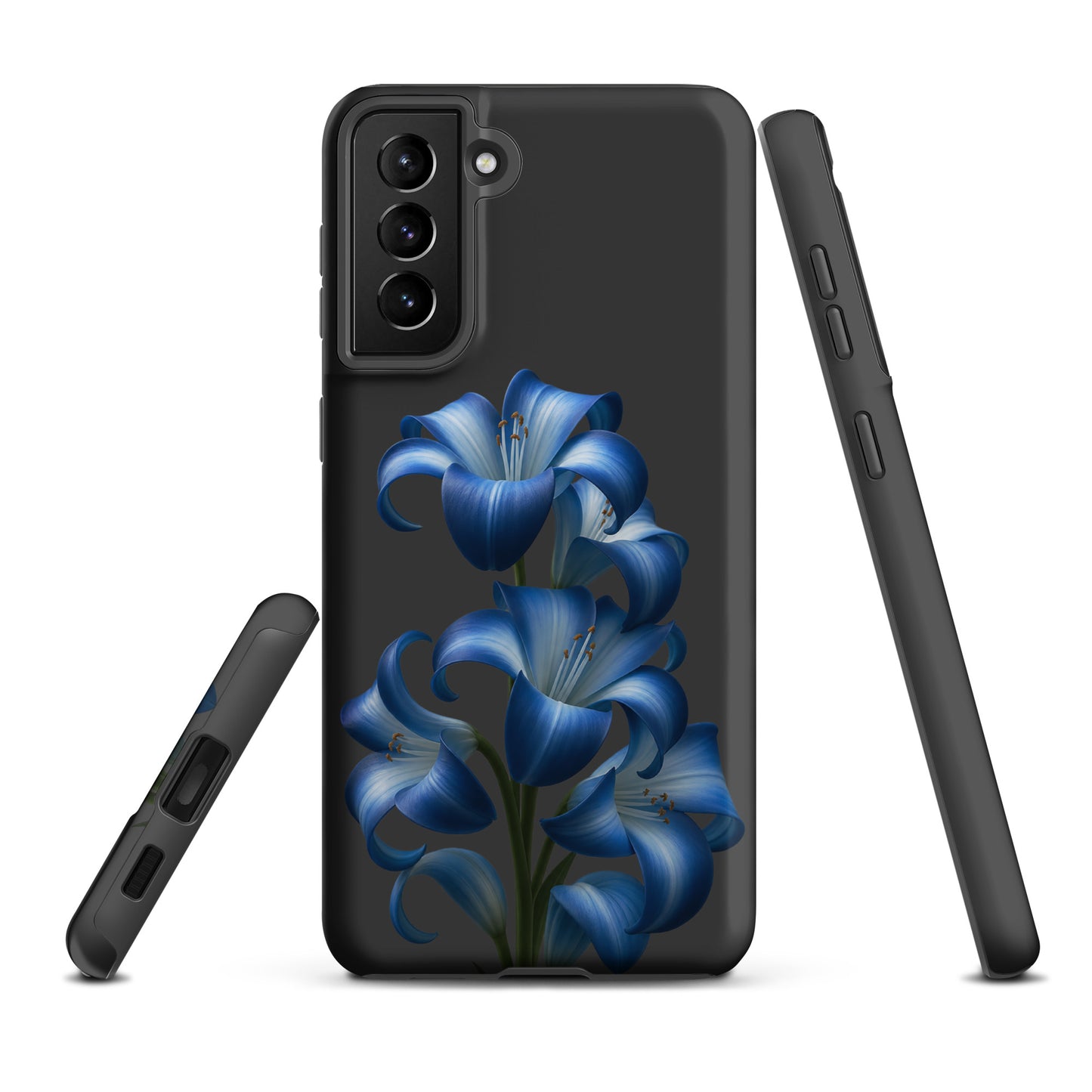 Phone Case for Samsung Galaxy featuring blue lily bloom design on dark background, highlighting vibrant floral art and stylish protection.