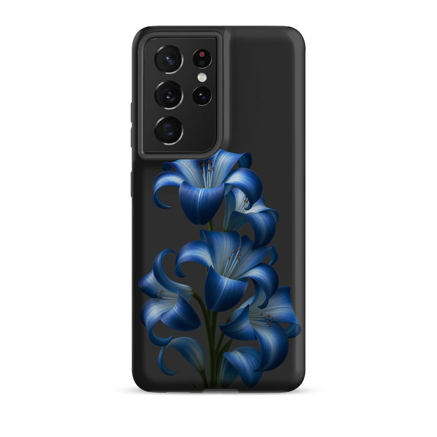 Phone Case for Samsung Galaxy with vibrant blue lily bloom art on a sleek dark background