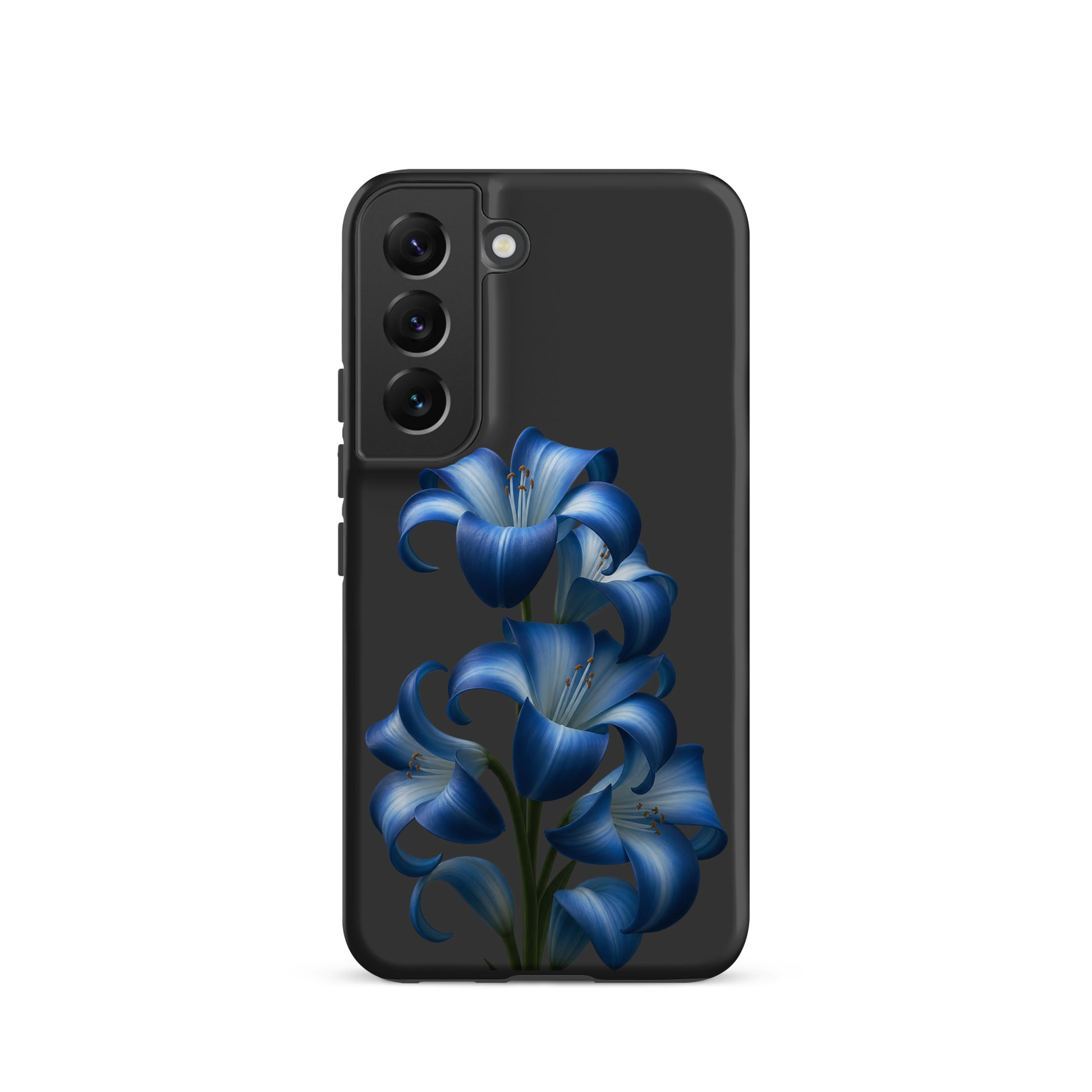 Phone Case for Samsung Galaxy with Blue Lily Bloom Art on dark backdrop