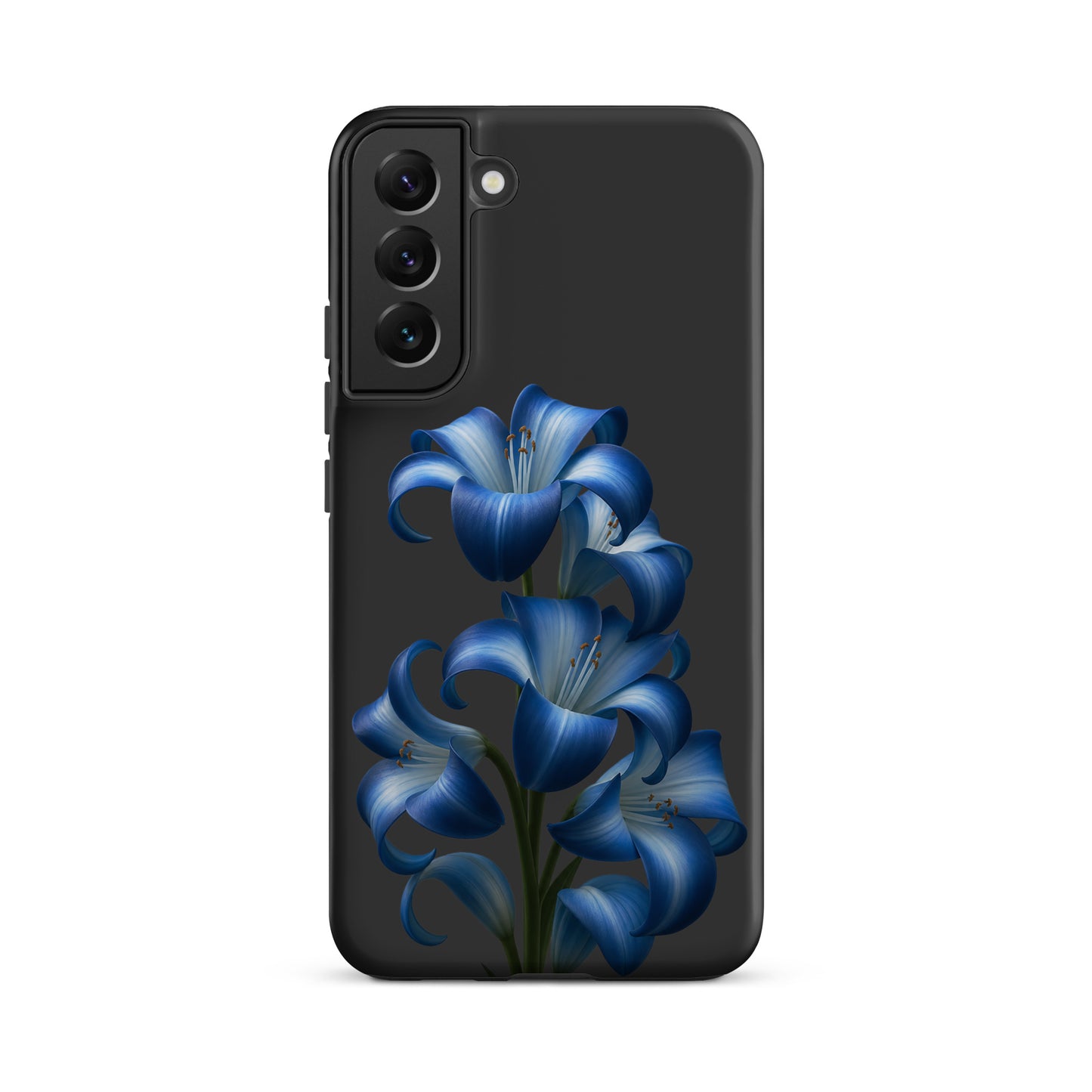 Phone Case for Samsung Galaxy featuring blue lily bloom art on a sleek black background, offering stylish protection.