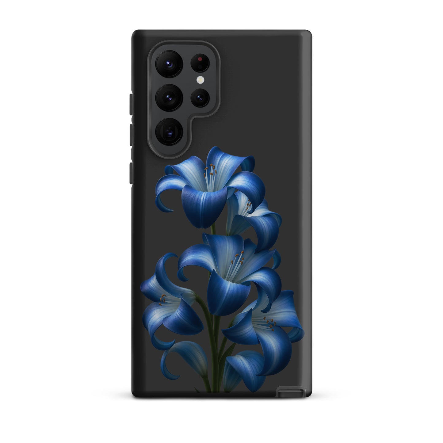 Phone Case with blue lily bloom art for Samsung Galaxy, floral protective cover with vibrant design.
