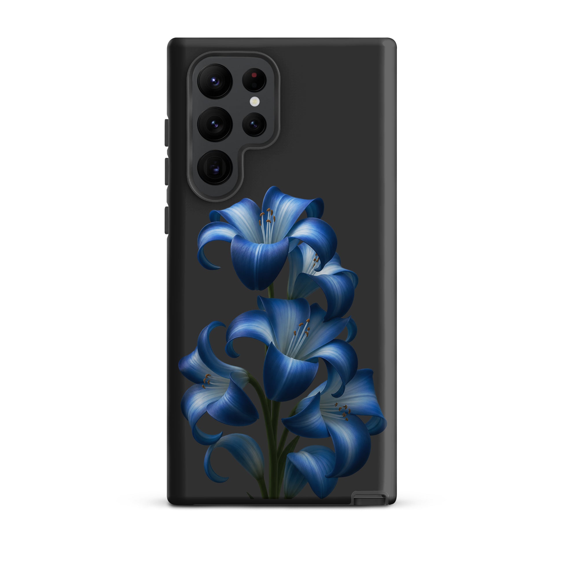 Phone Case with blue lily bloom art for Samsung Galaxy, floral protective cover with vibrant design.
