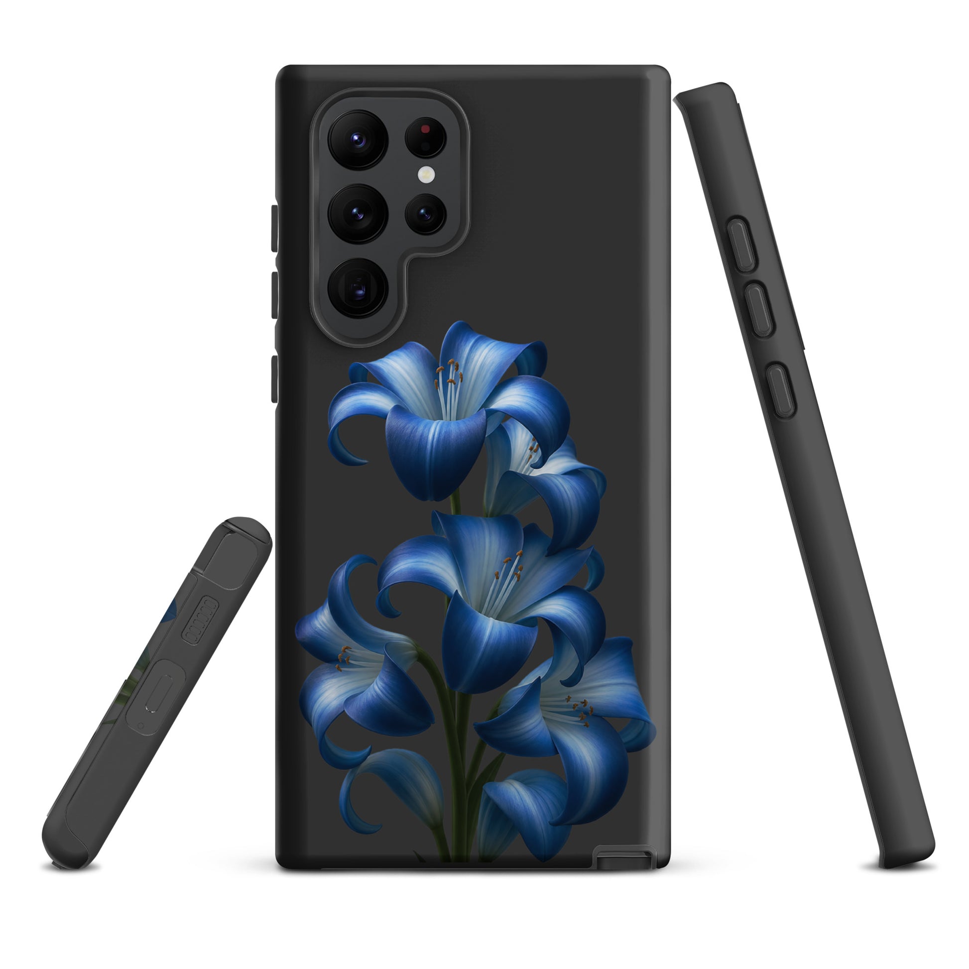 Phone Case for Samsung Galaxy with blue lily bloom art, featuring vibrant flowers on a sleek dark background for stylish protection.