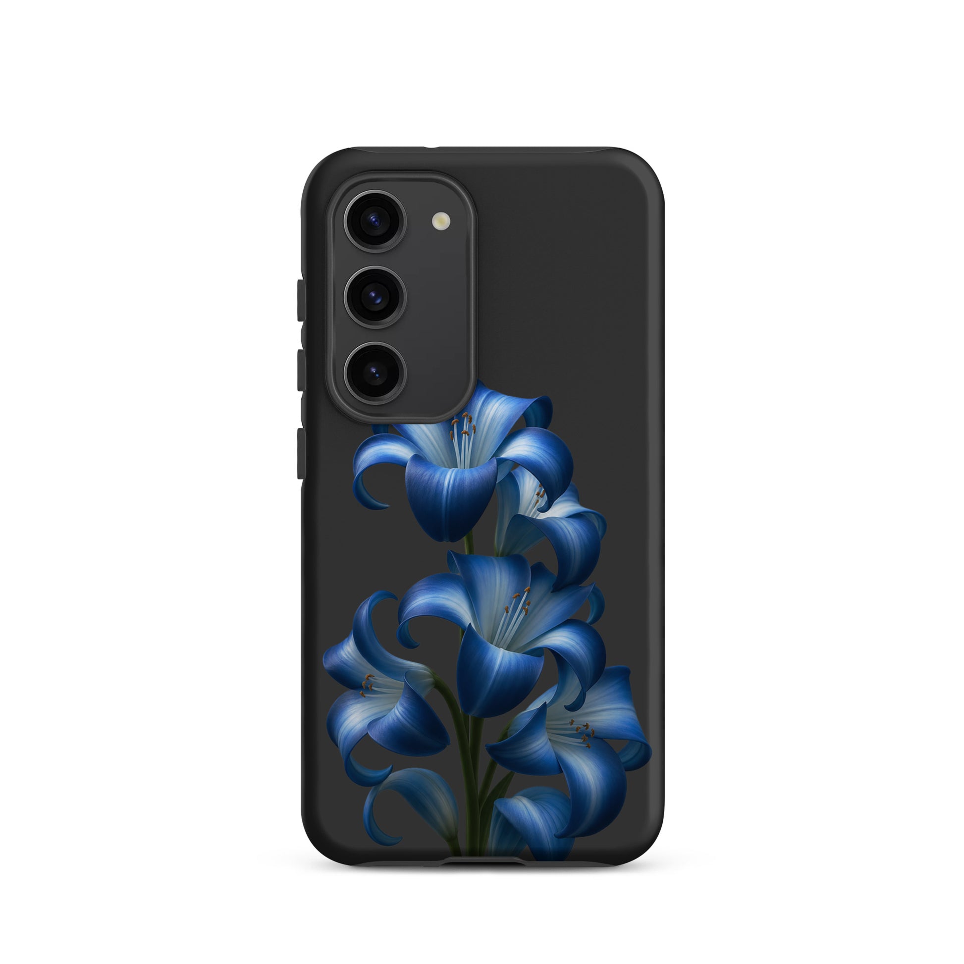 Phone Case for Samsung Galaxy with blue lily bloom art design on dark backdrop