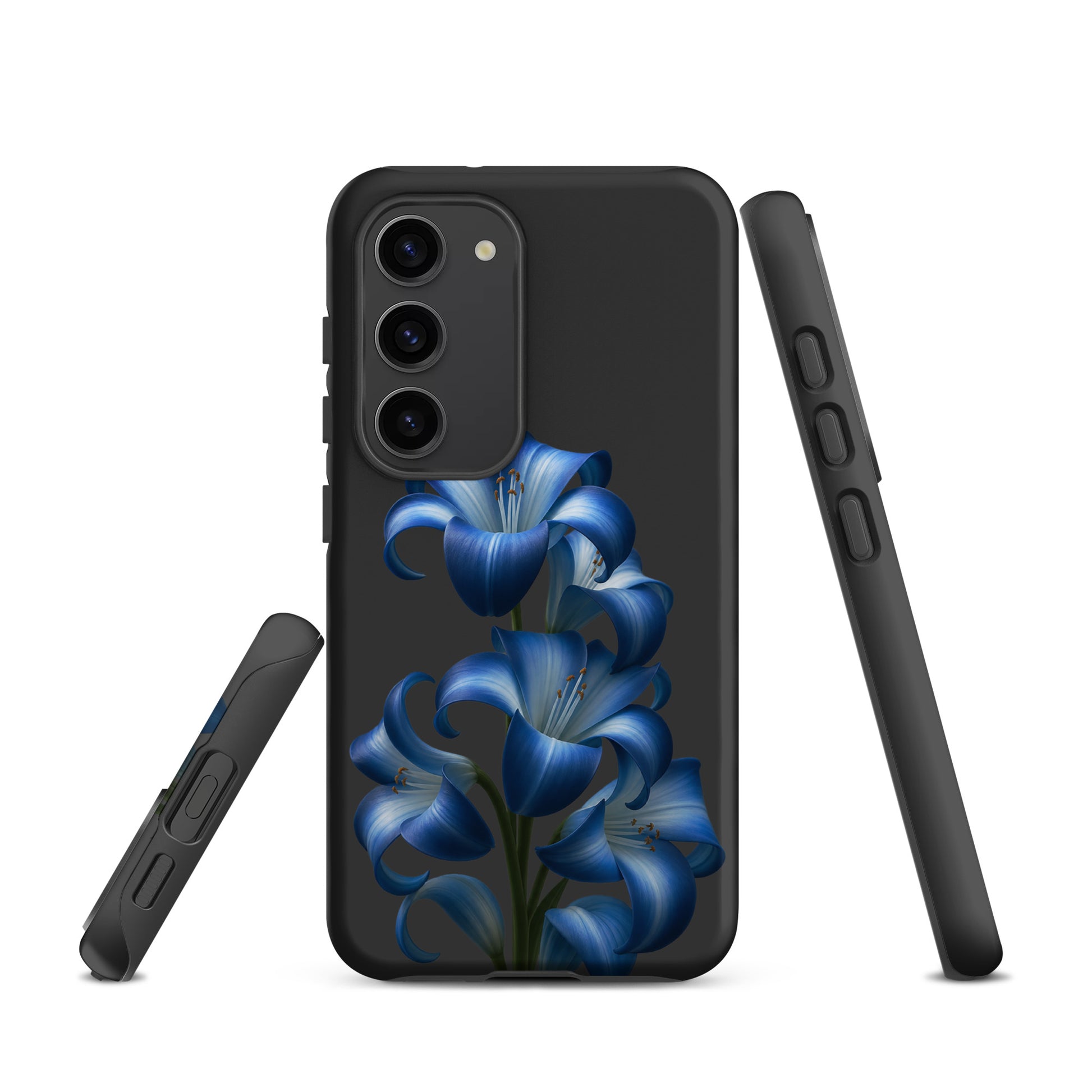 Phone Case for Samsung Galaxy with blue lily bloom art on black backdrop, dual-layer protection.