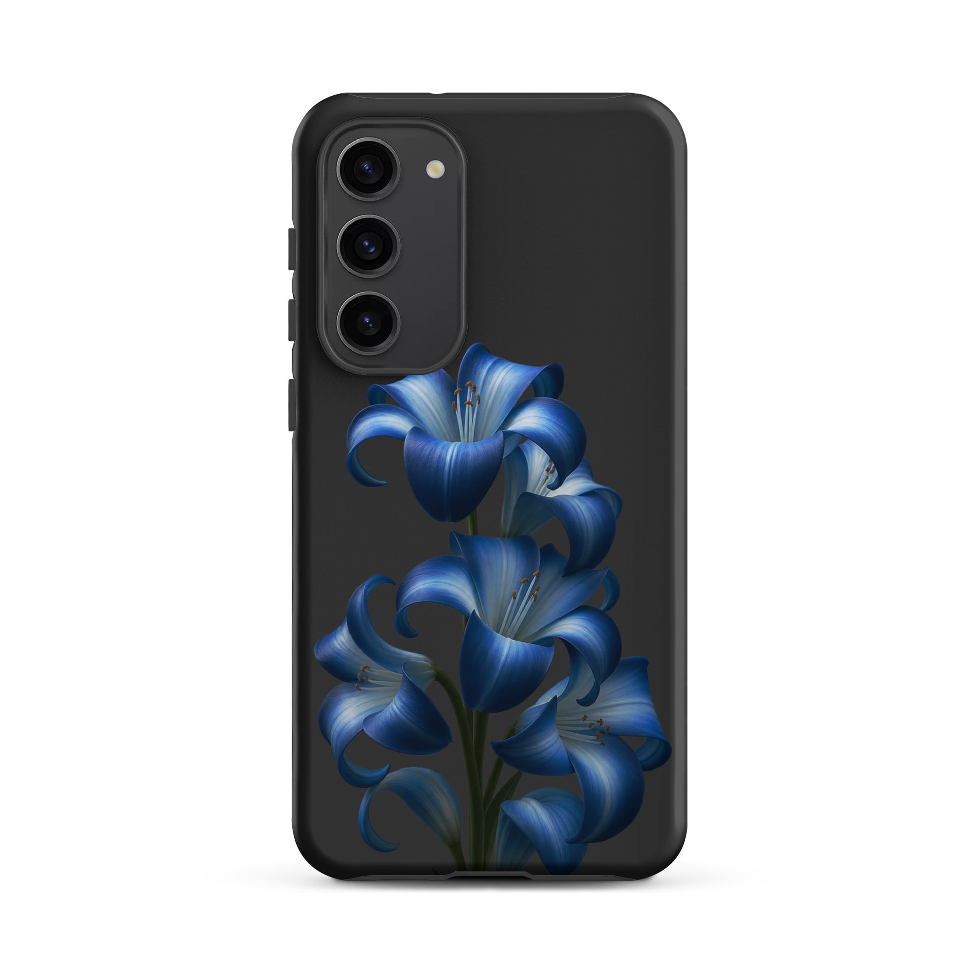 Phone Case for Samsung Galaxy featuring blue lily bloom art on a sleek dark background, combining style and protection.