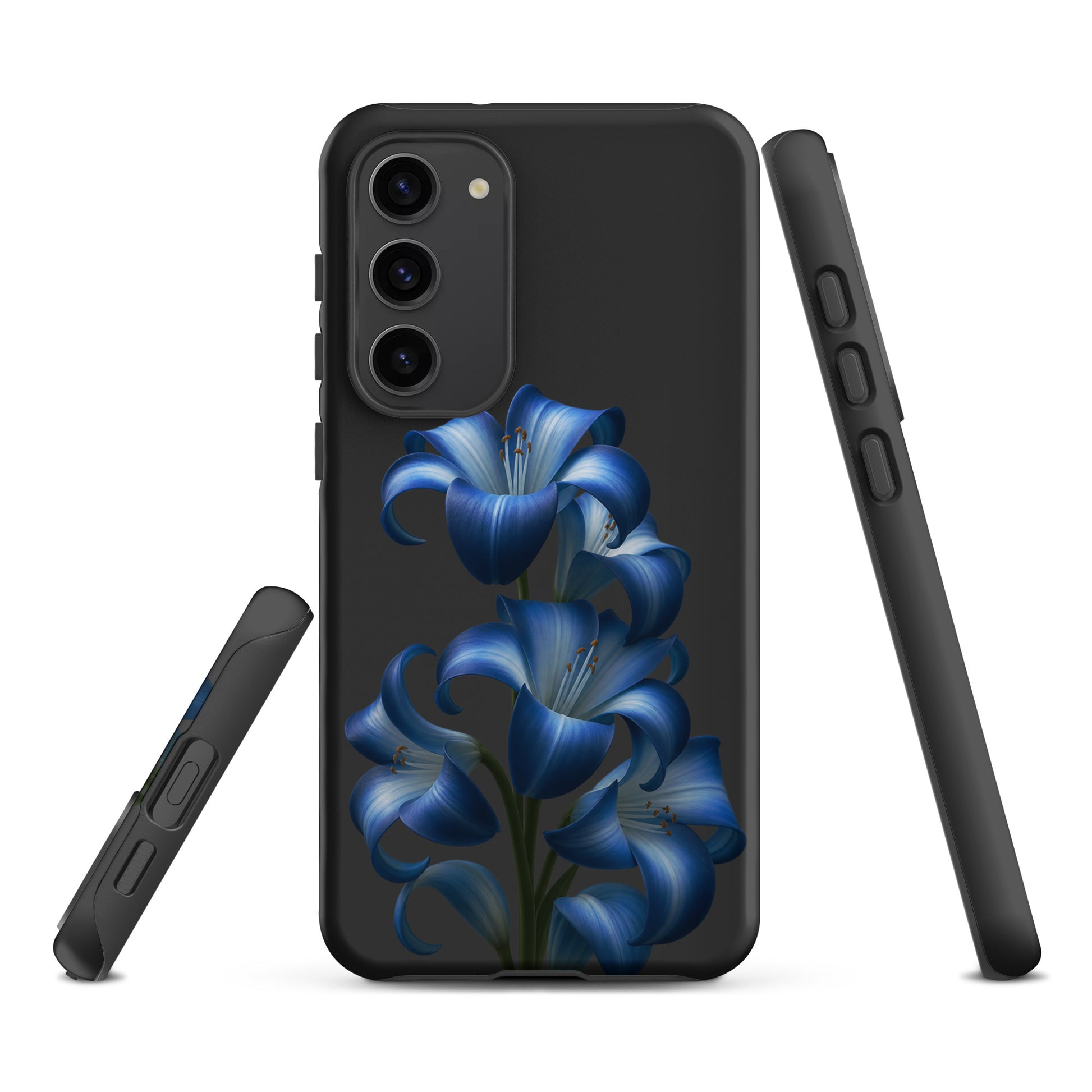Phone Case for Samsung Galaxy with blue lily bloom design on dark background, showcasing floral style and protection.