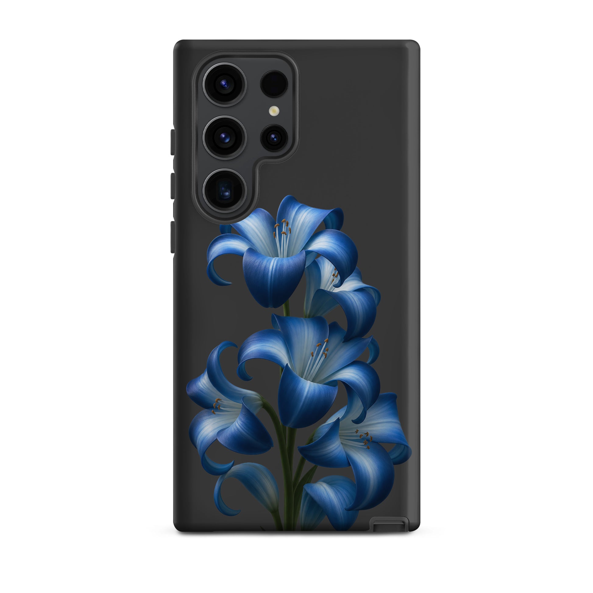 Phone Case for Samsung Galaxy with blue lily bloom art on black background