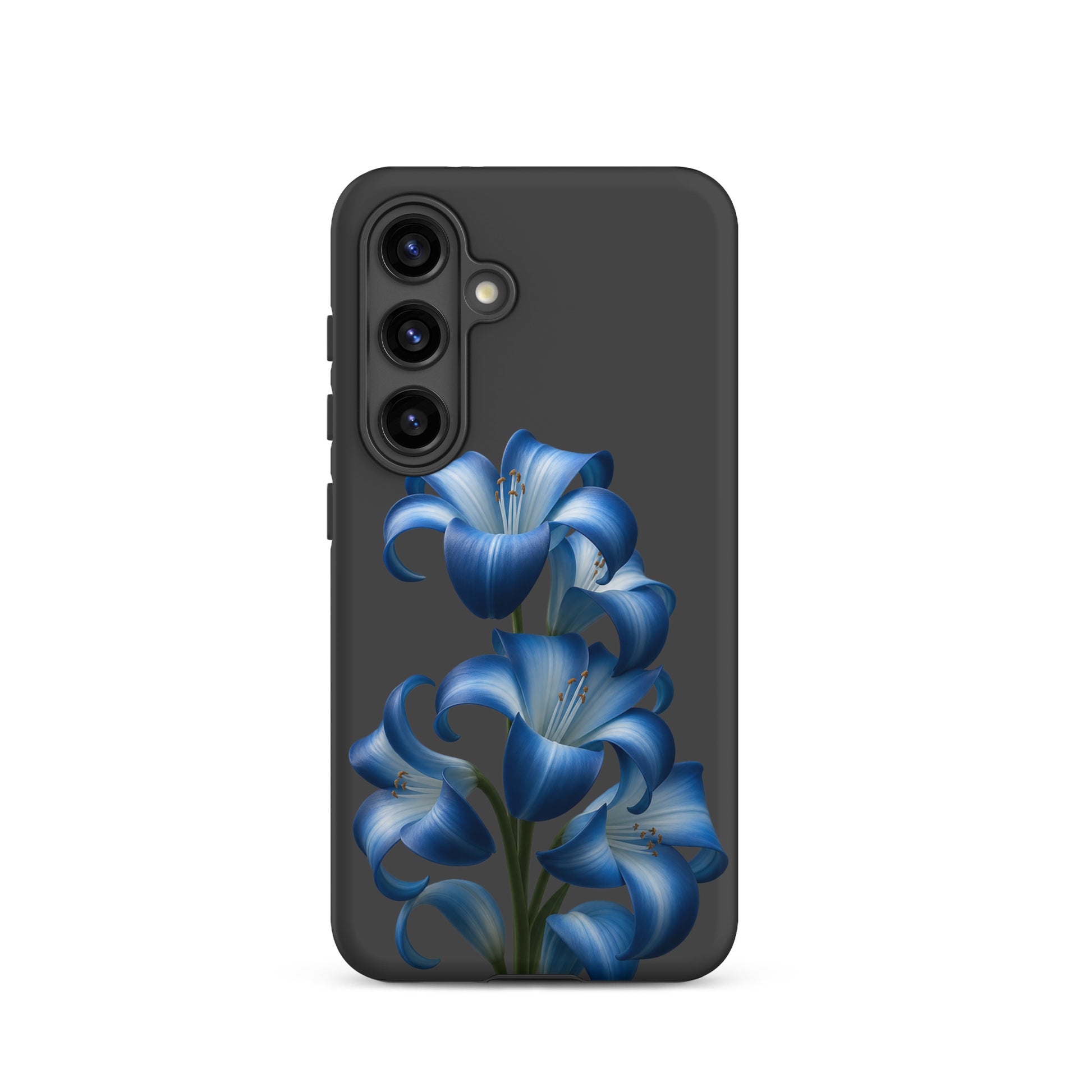 Phone Case for Samsung Galaxy with Blue Lily Bloom Art on dark background showcasing stylish floral design.
