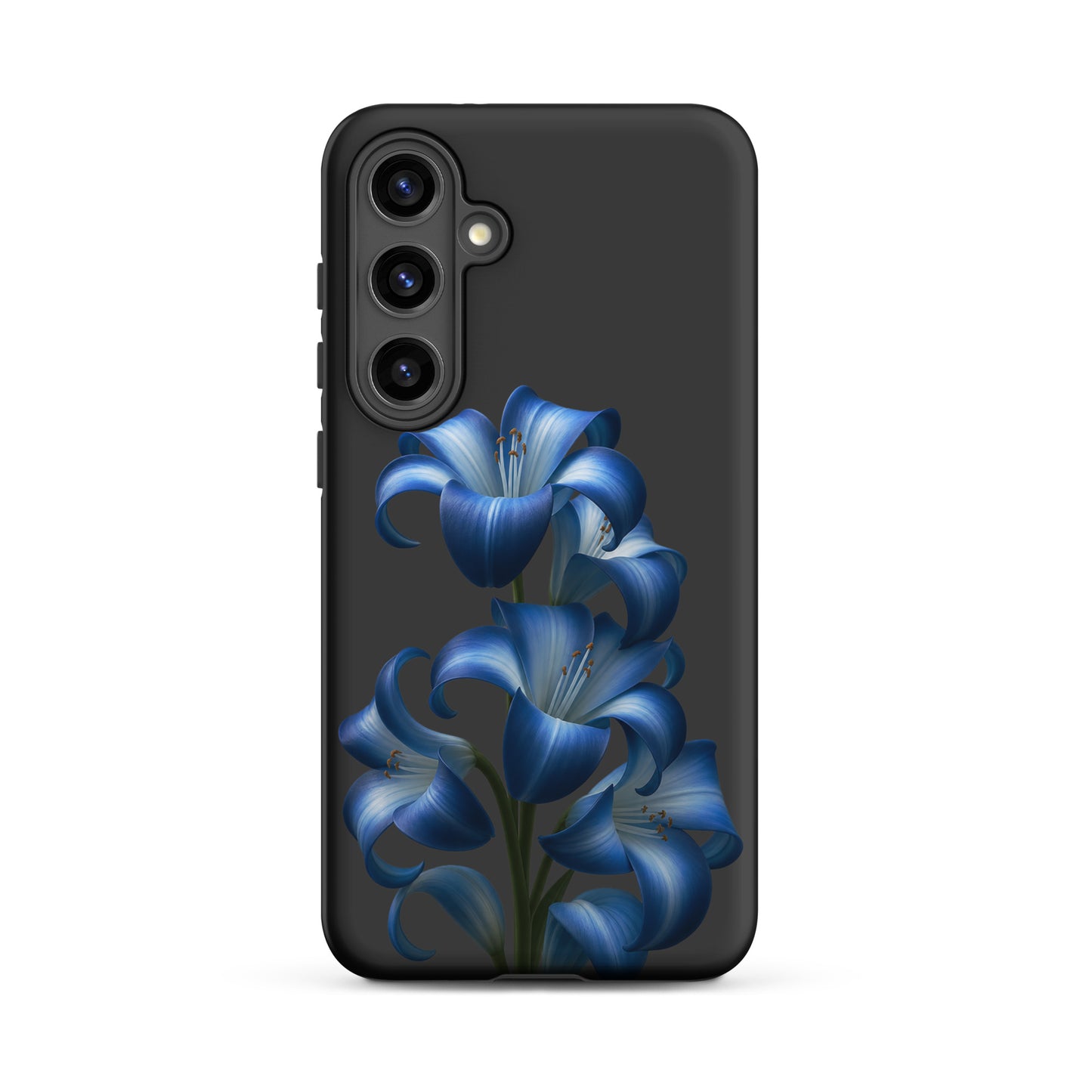 Phone Case for Samsung Galaxy featuring blue lily bloom art on a sleek black background, offering style and protection.