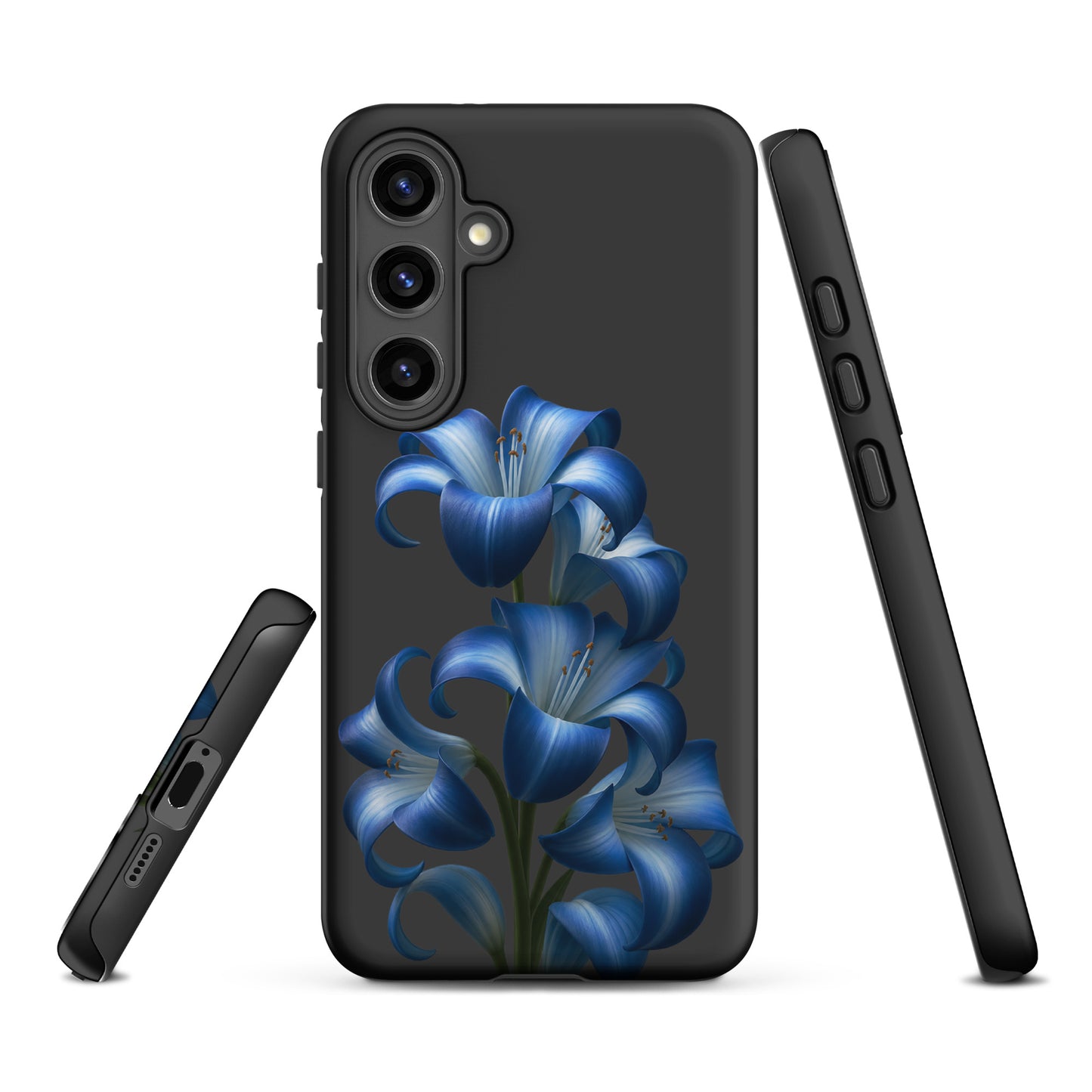 Phone Case for Samsung Galaxy featuring blue lily bloom art with a sleek dark design, offering stylish protection.
