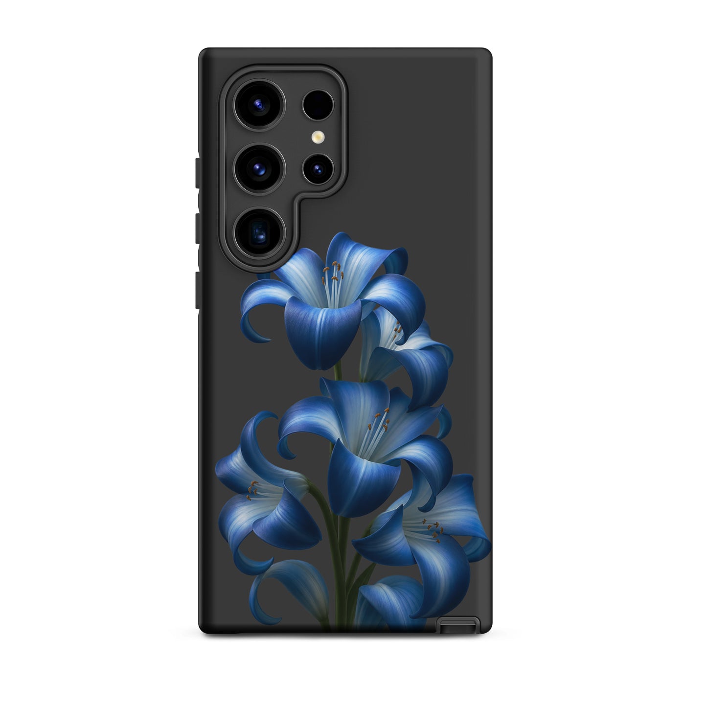 Phone Case for Samsung Galaxy with blue lily bloom design on dark background, offering stylish protection.