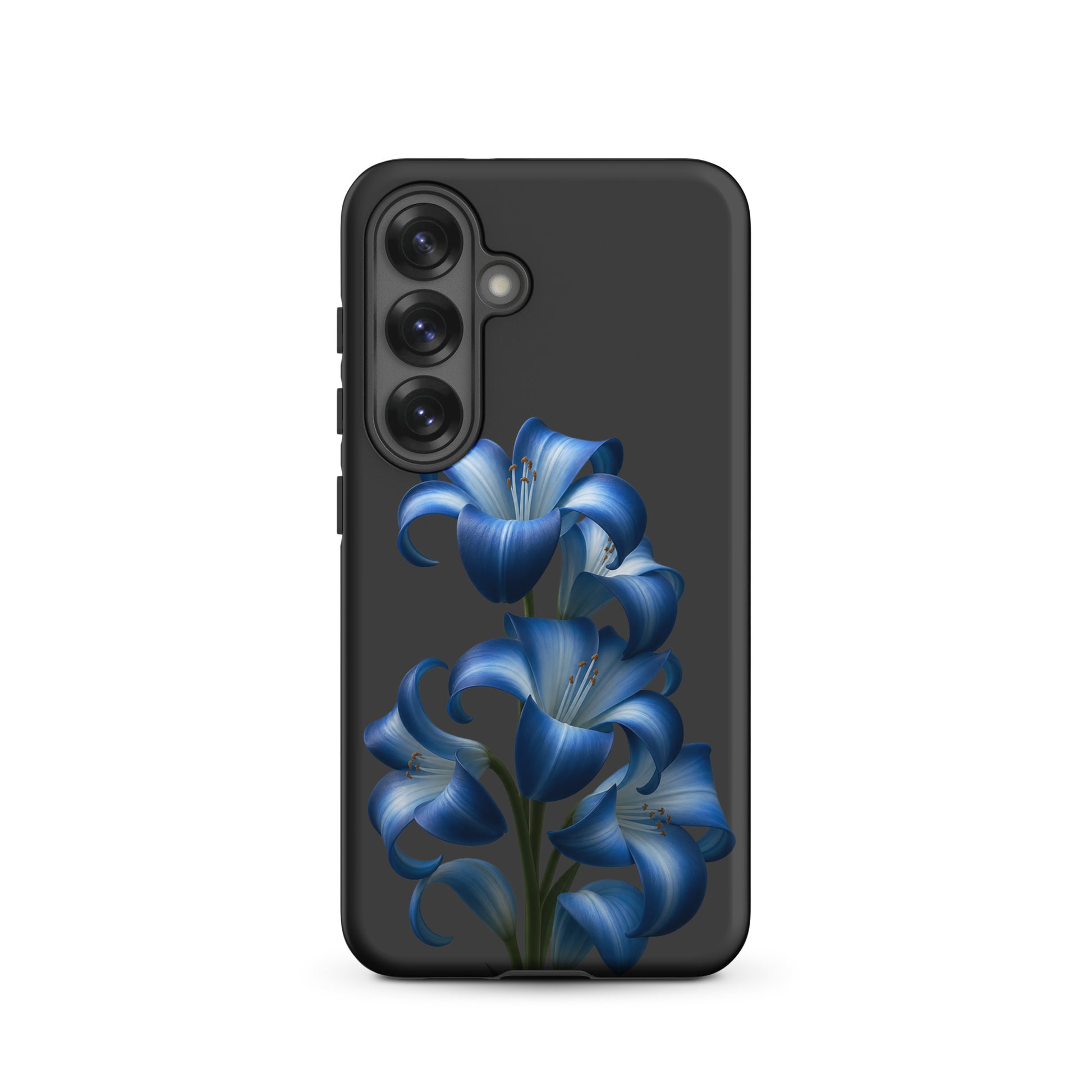 Phone Case for Samsung Galaxy featuring blue lily bloom art against a dark backdrop; stylish protective accessory.