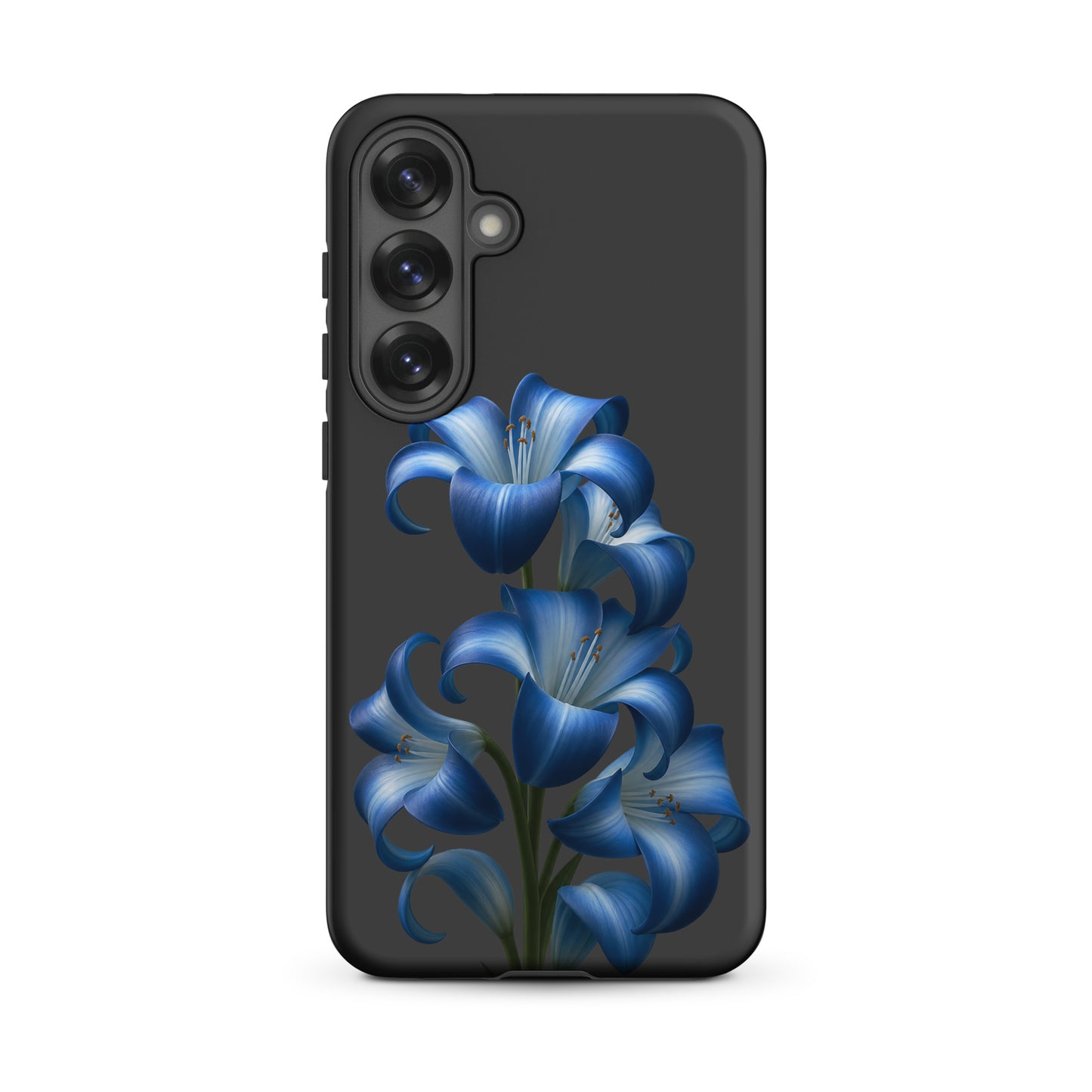 Phone Case for Samsung Galaxy with blue lily bloom art on a dark background, featuring vibrant flowers and a dual-layer design.