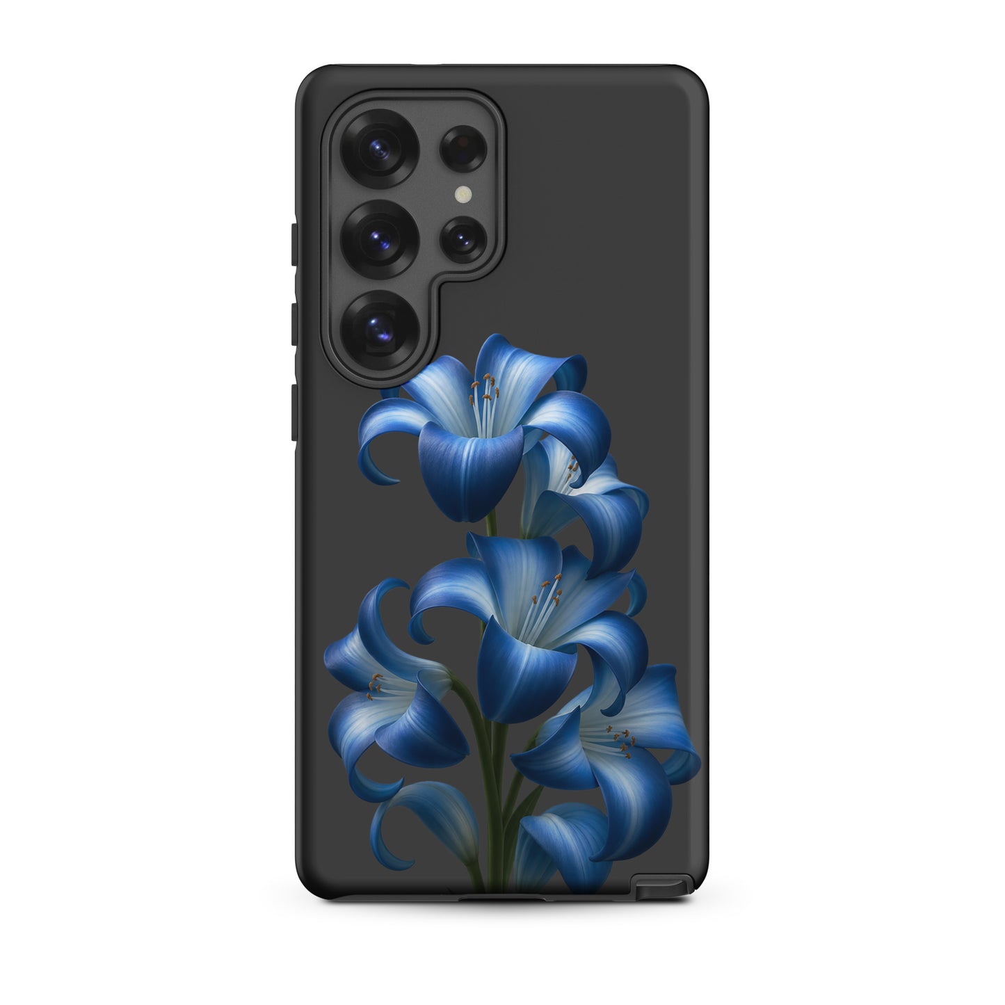 Phone Case for Samsung Galaxy featuring blue lily bloom art design with dark background, offering stylish and protective dual-layer build.