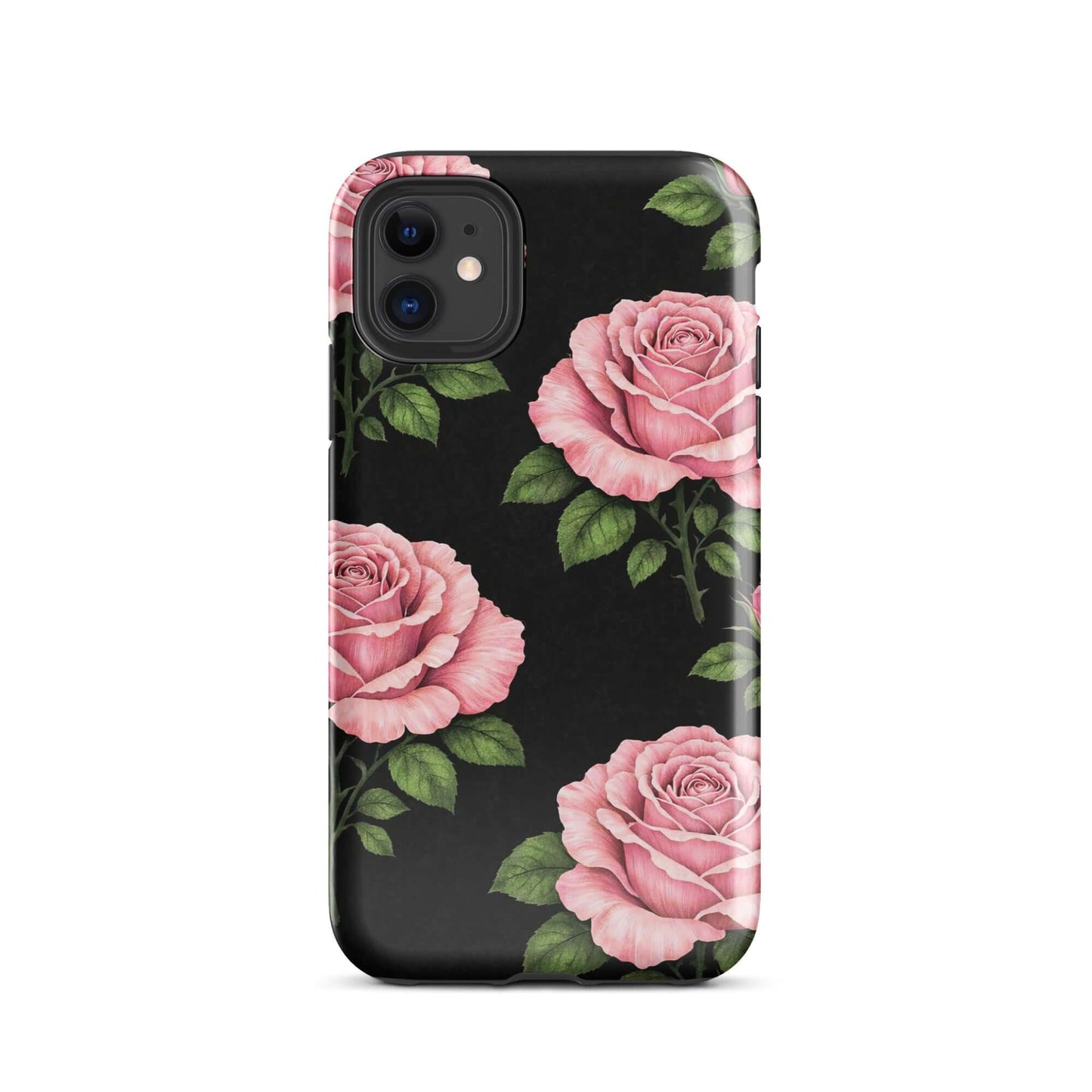 Phone Case for iPhone with pink rose garden design on black background, featuring hand-sketched roses for stylish look.