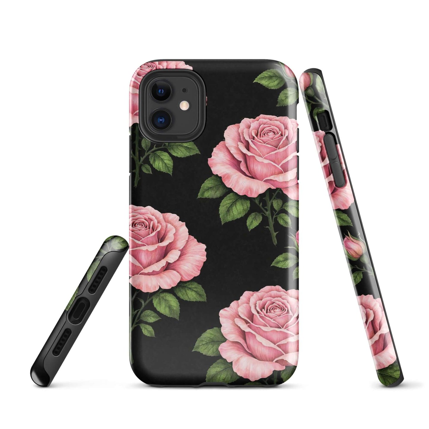 Phone Case for iPhone with pink rose garden design on black background