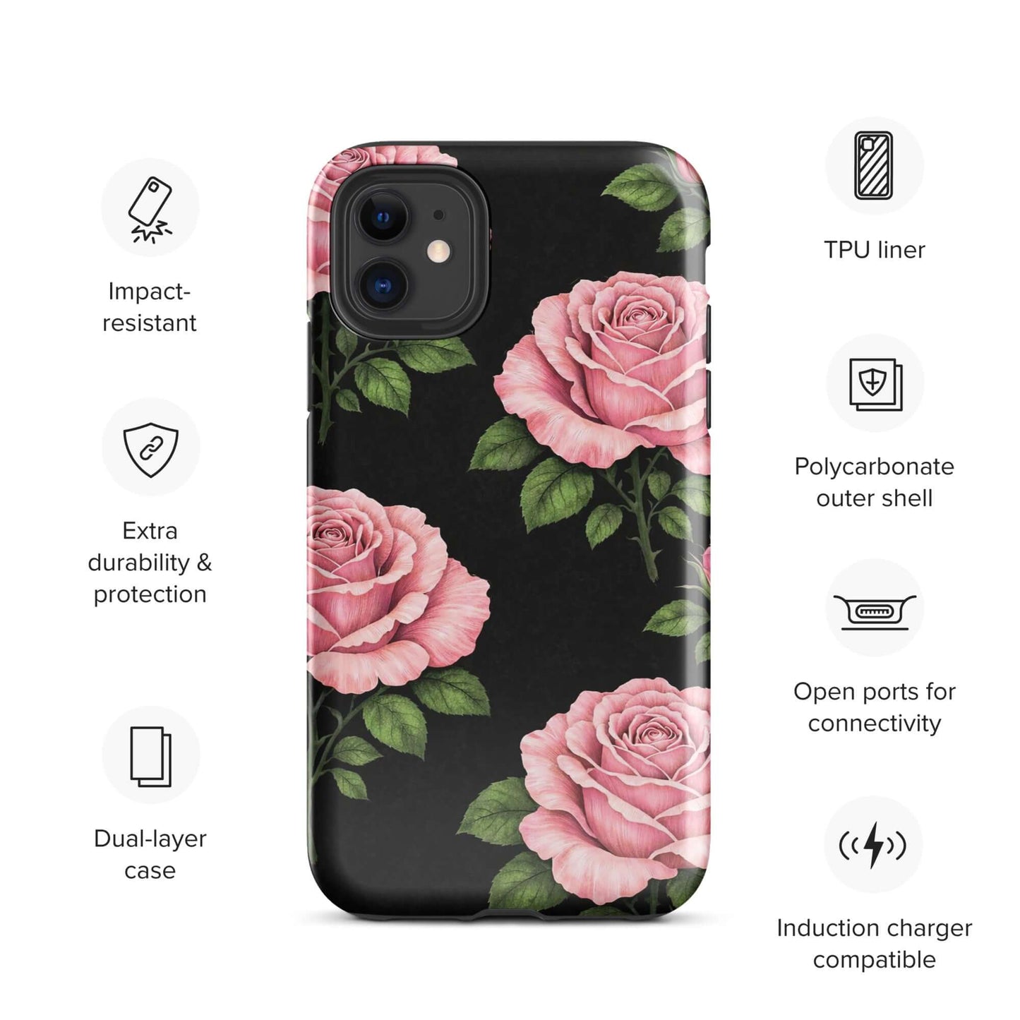 Phone Case for iPhone with pink rose garden design and impact-resistant features, black background, dual-layer protection.