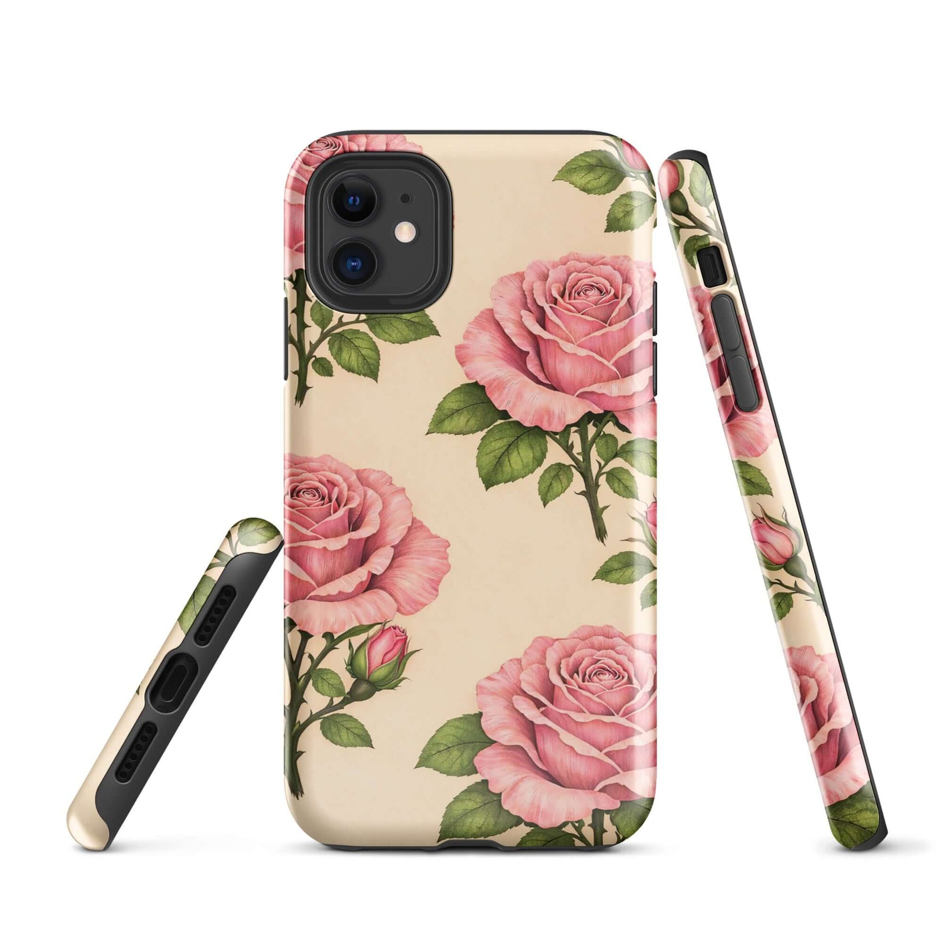 Phone Case featuring pink roses and cream background for iPhone, floral design with pink petals and green leaves.