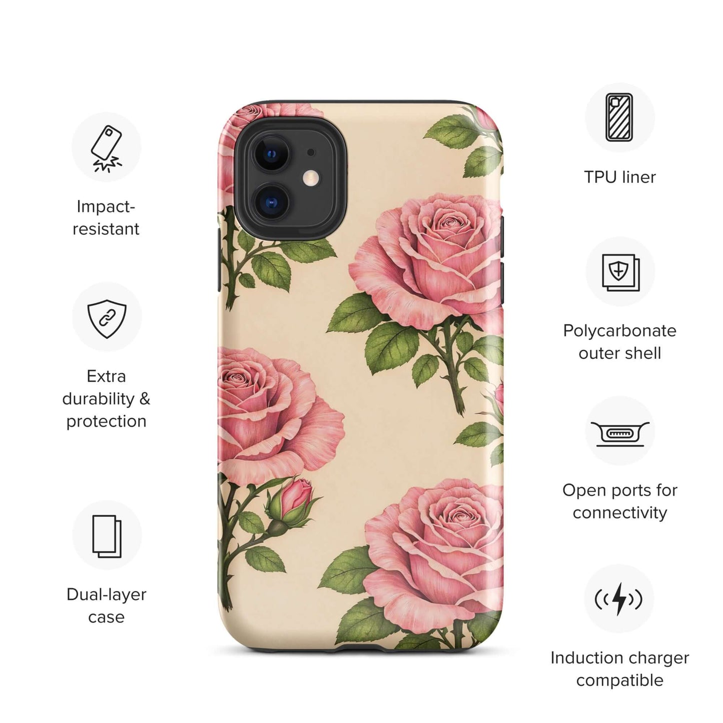 Phone Case for iPhone with pink rose garden design on warm cream background, showcasing impact-resistant and durable features.