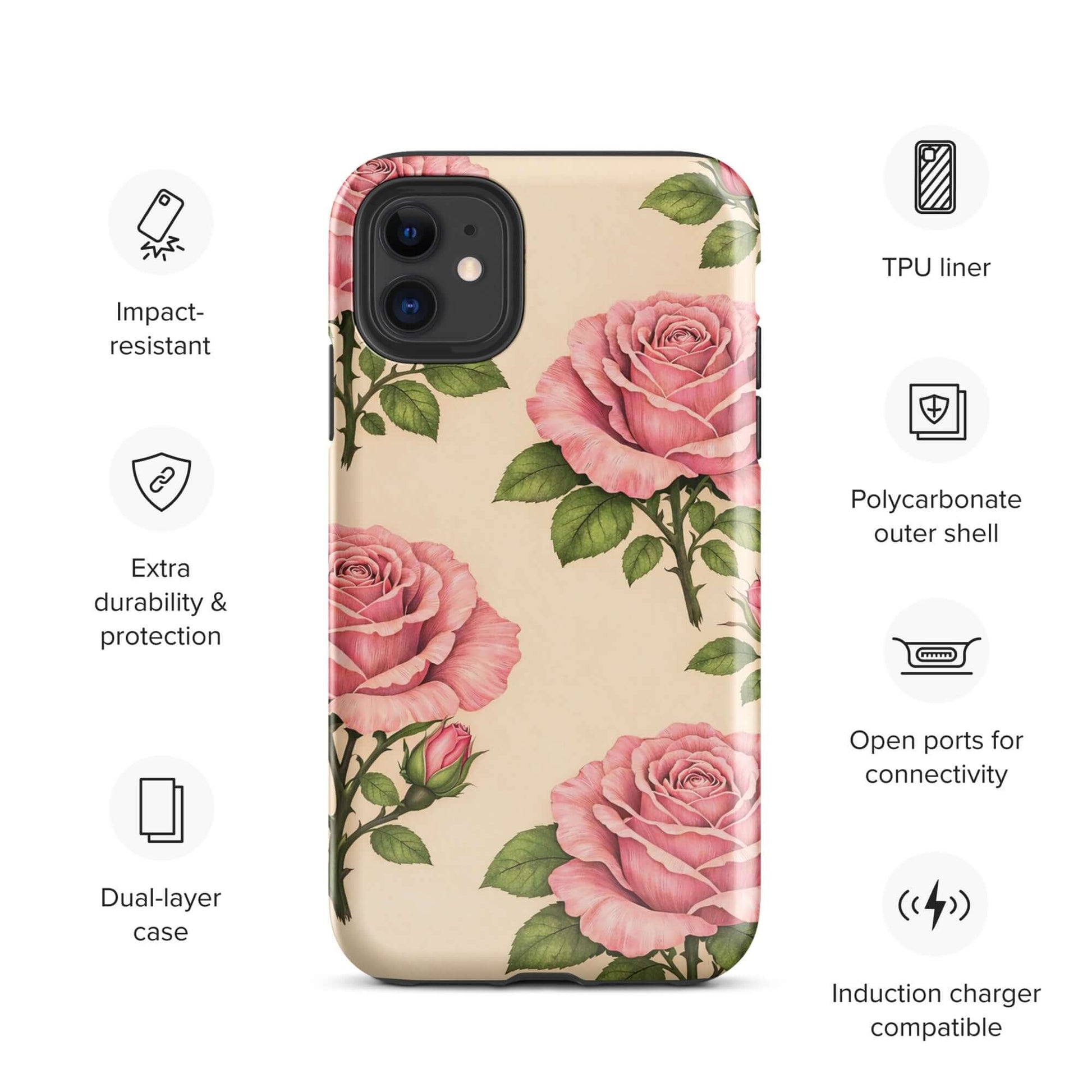 Phone Case for iPhone with pink rose garden design on warm cream background, showcasing impact-resistant and durable features.