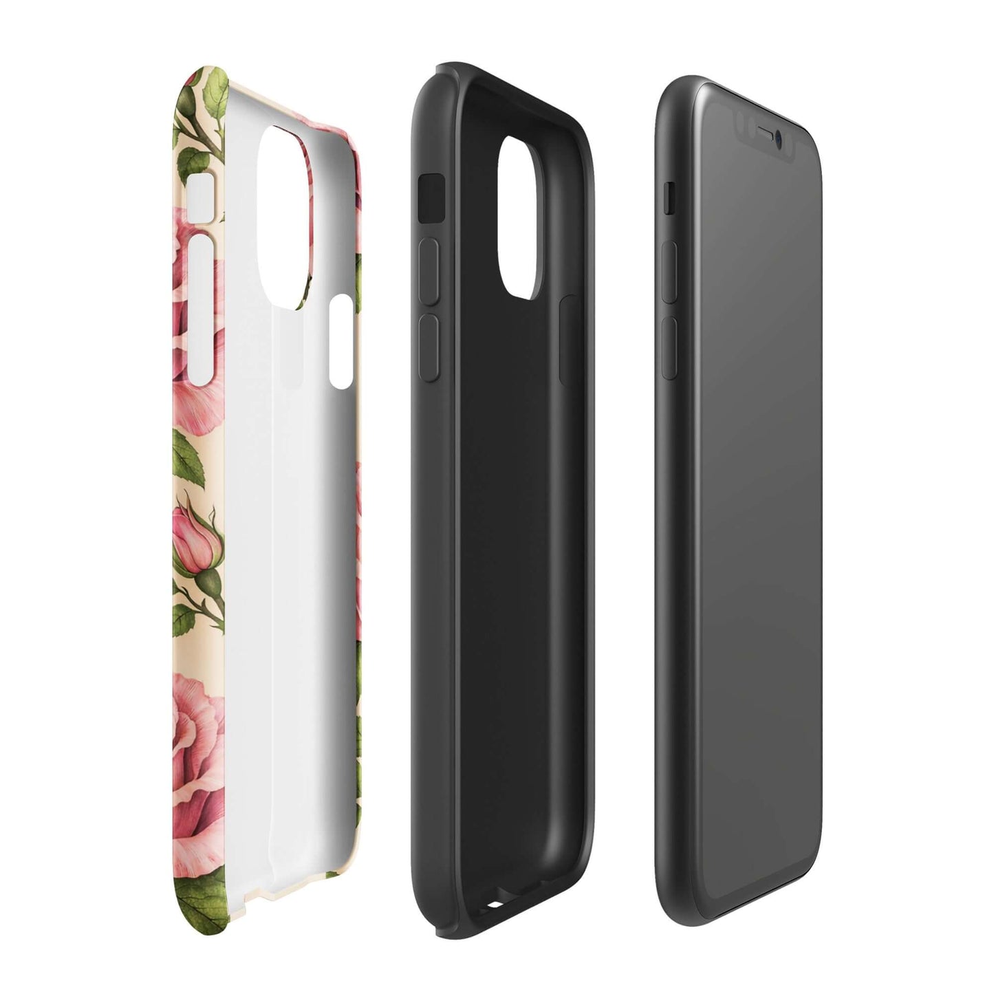 Phone Case for iPhone with pink roses and cream background, showcasing elegant floral design in three protective layers.