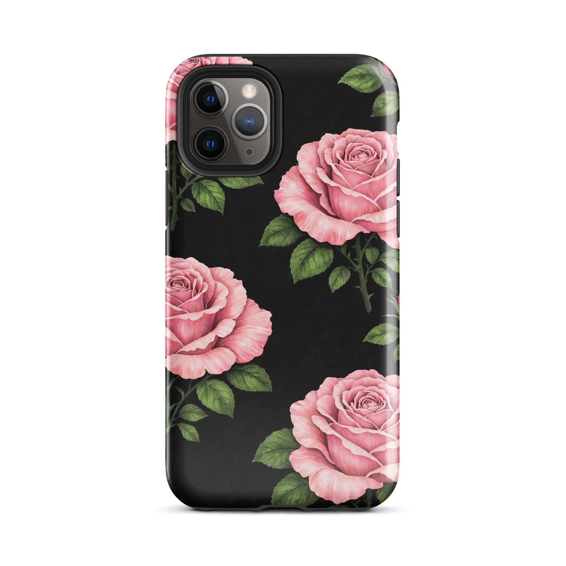 Phone Case for iPhone with pink rose garden design on a black background.